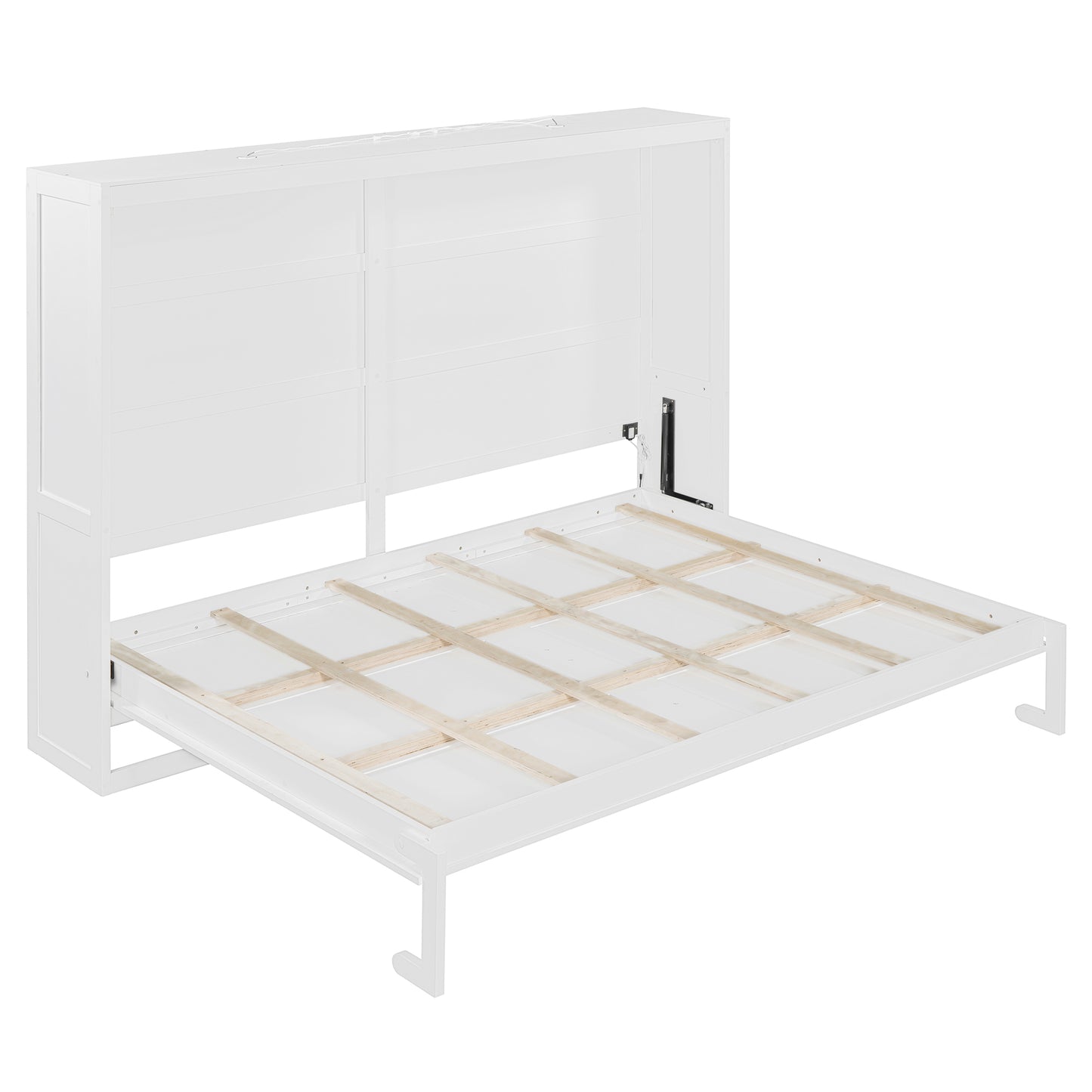 White wooden Murphy bed frame with open mattress support