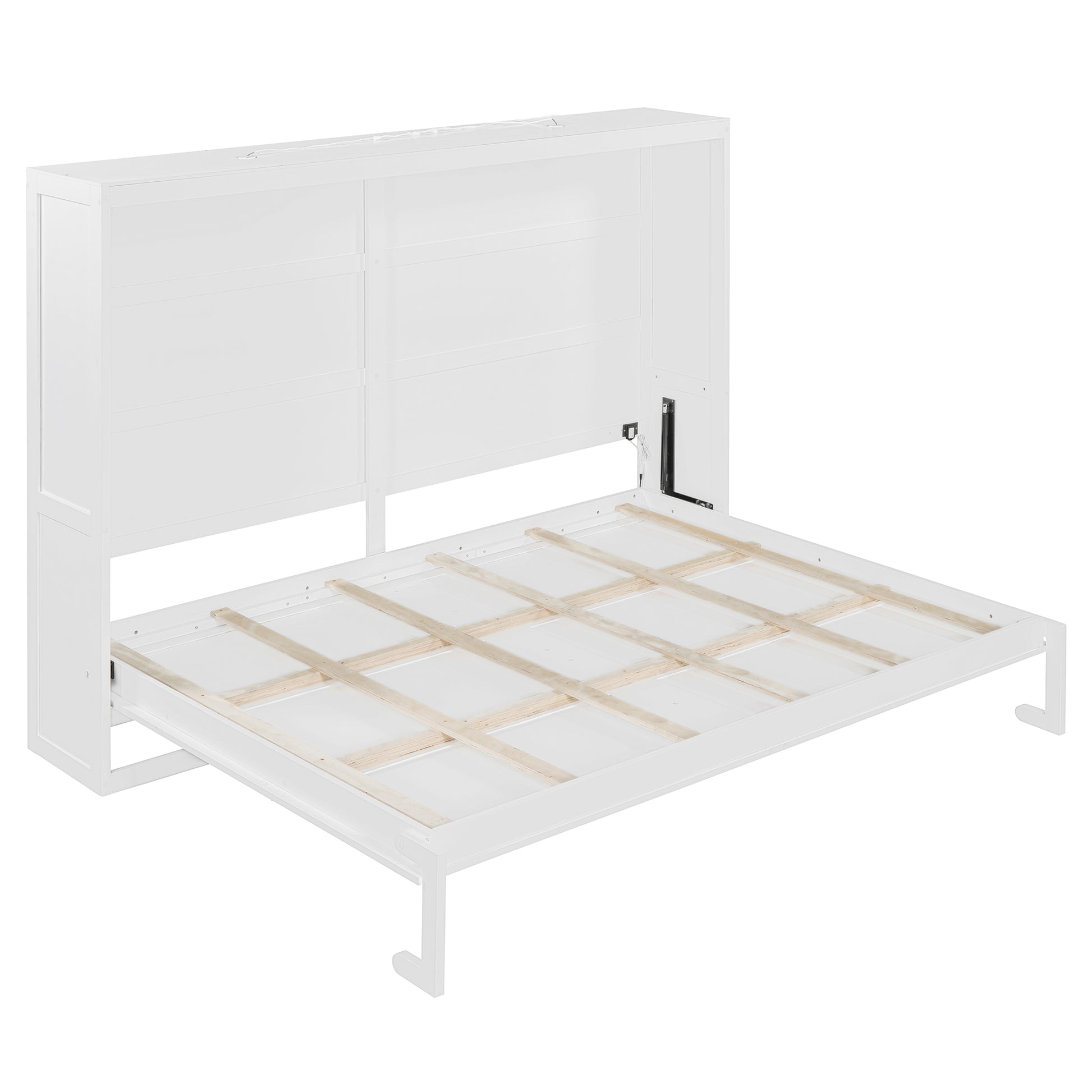 White wooden Murphy bed frame with open mattress support