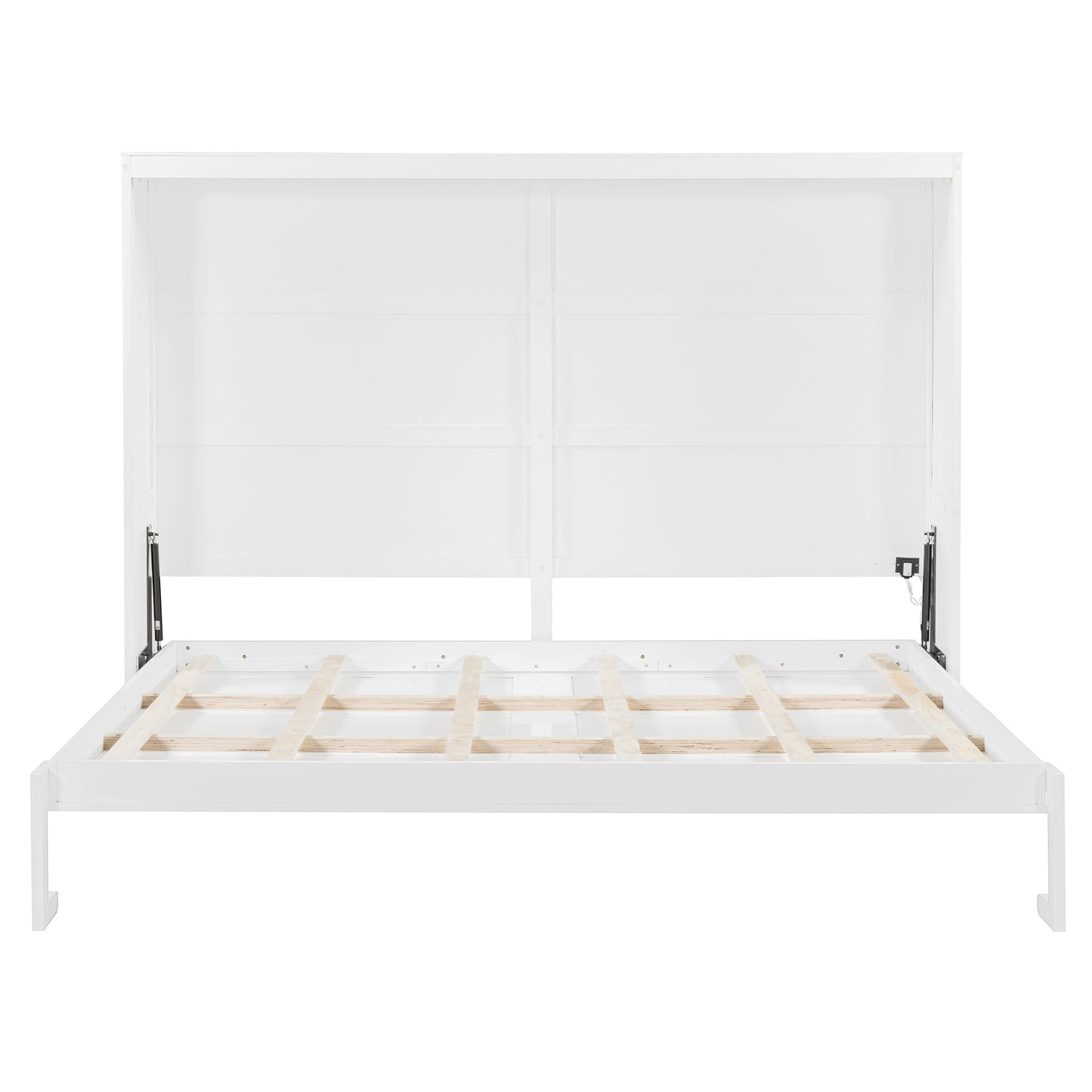 Modern white murphy bed frame with open slats and lift mechanism