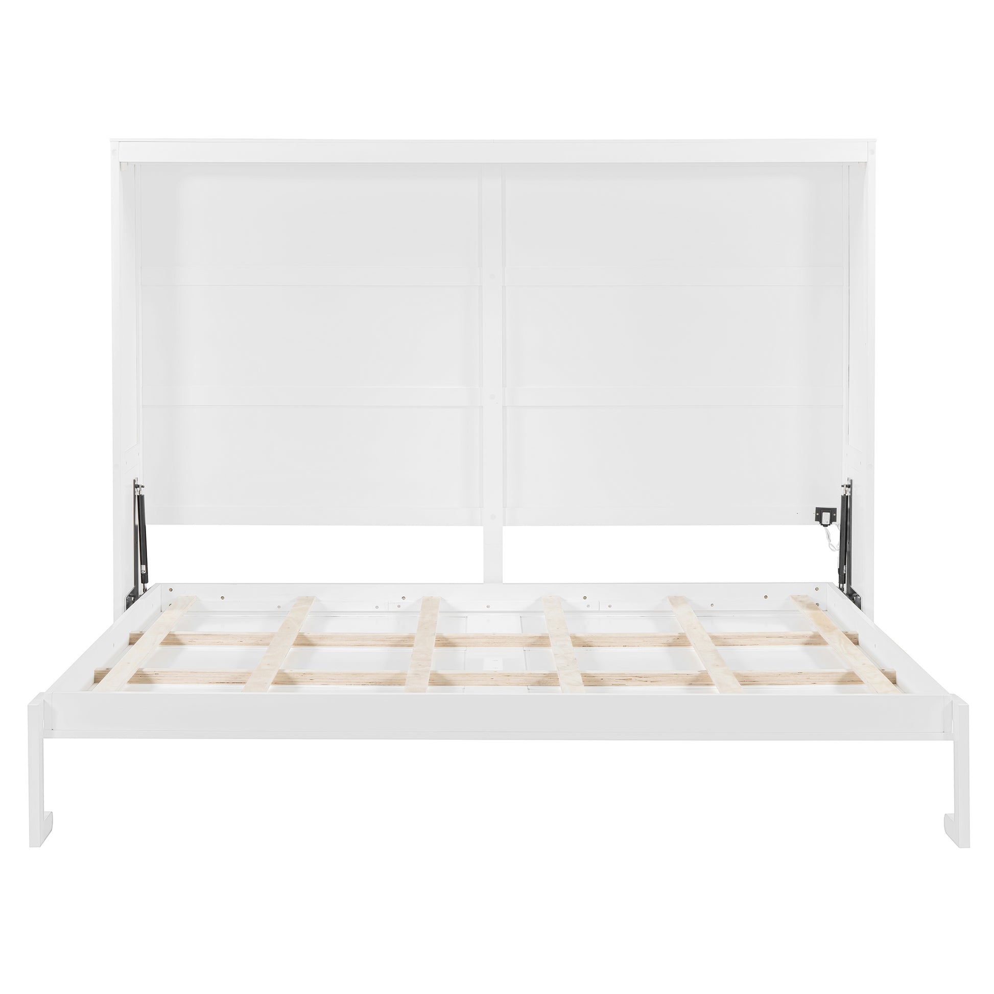Modern white murphy bed frame with open slats and lift mechanism