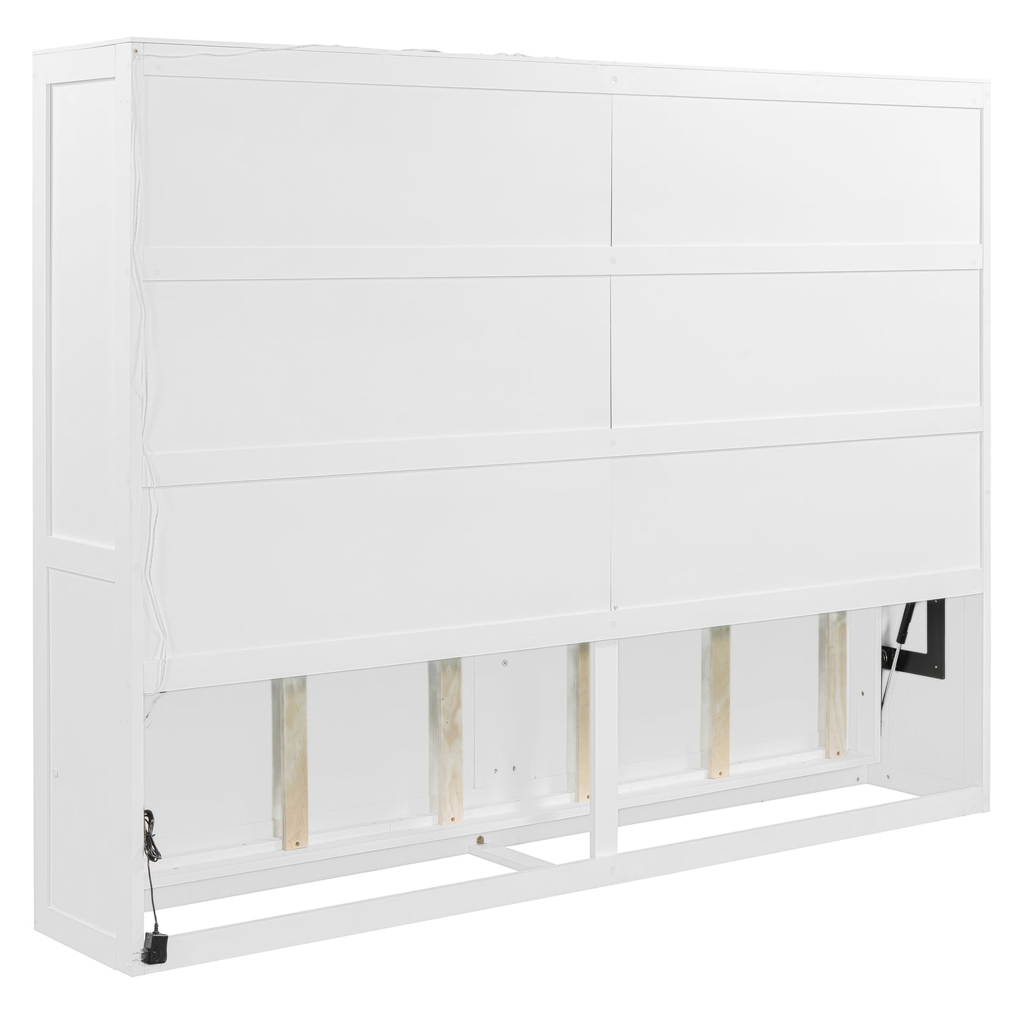 White paneled headboard with visible wiring for LED lights