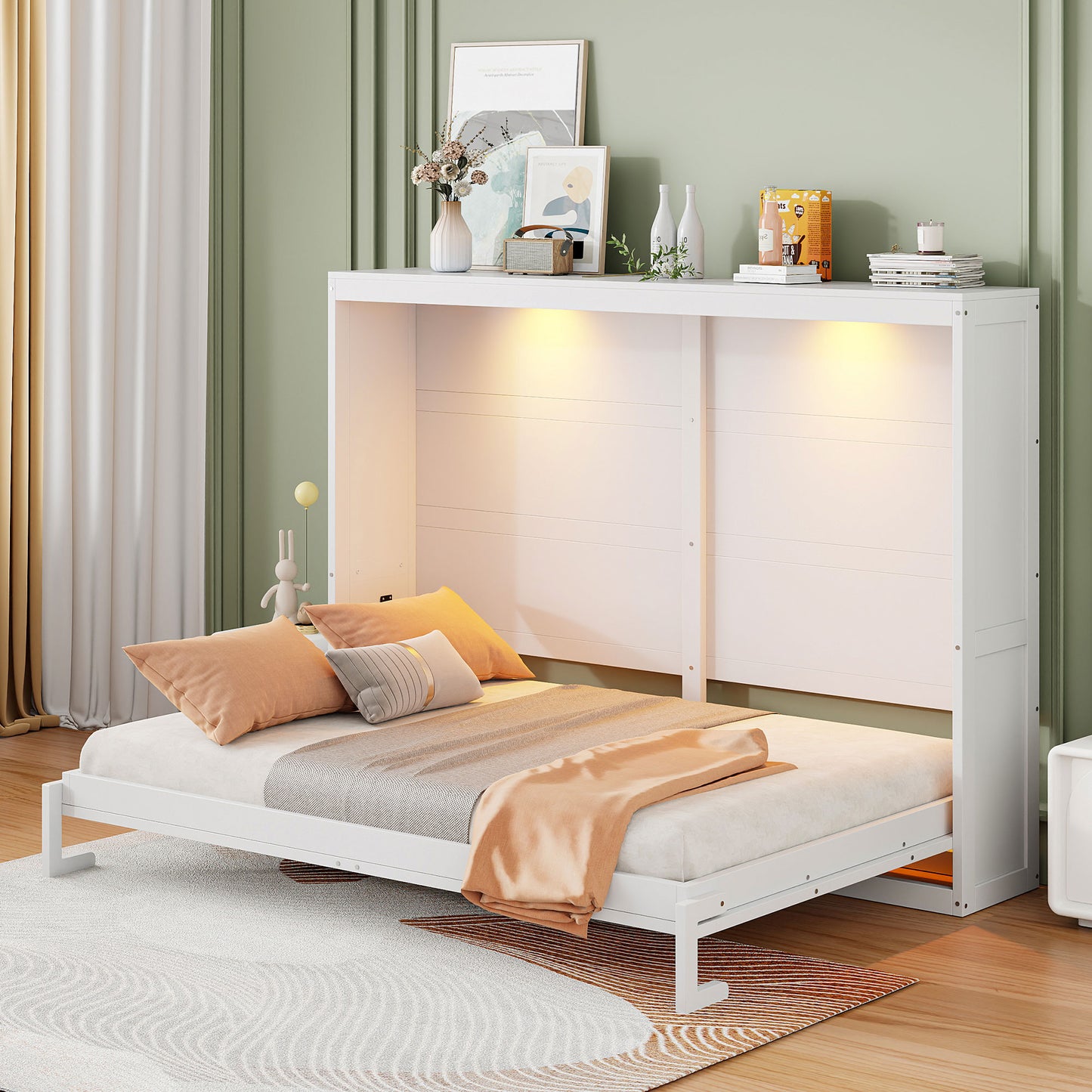 White modern wall bed extended with mattress and cushions