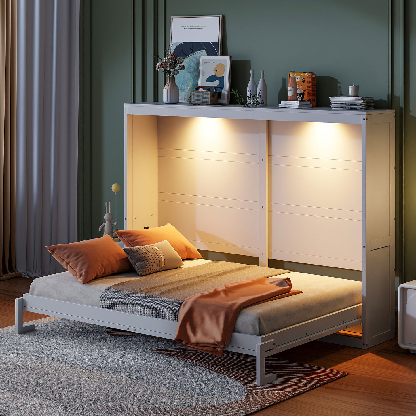 White Murphy bed with integrated lighting and orange throw pillows