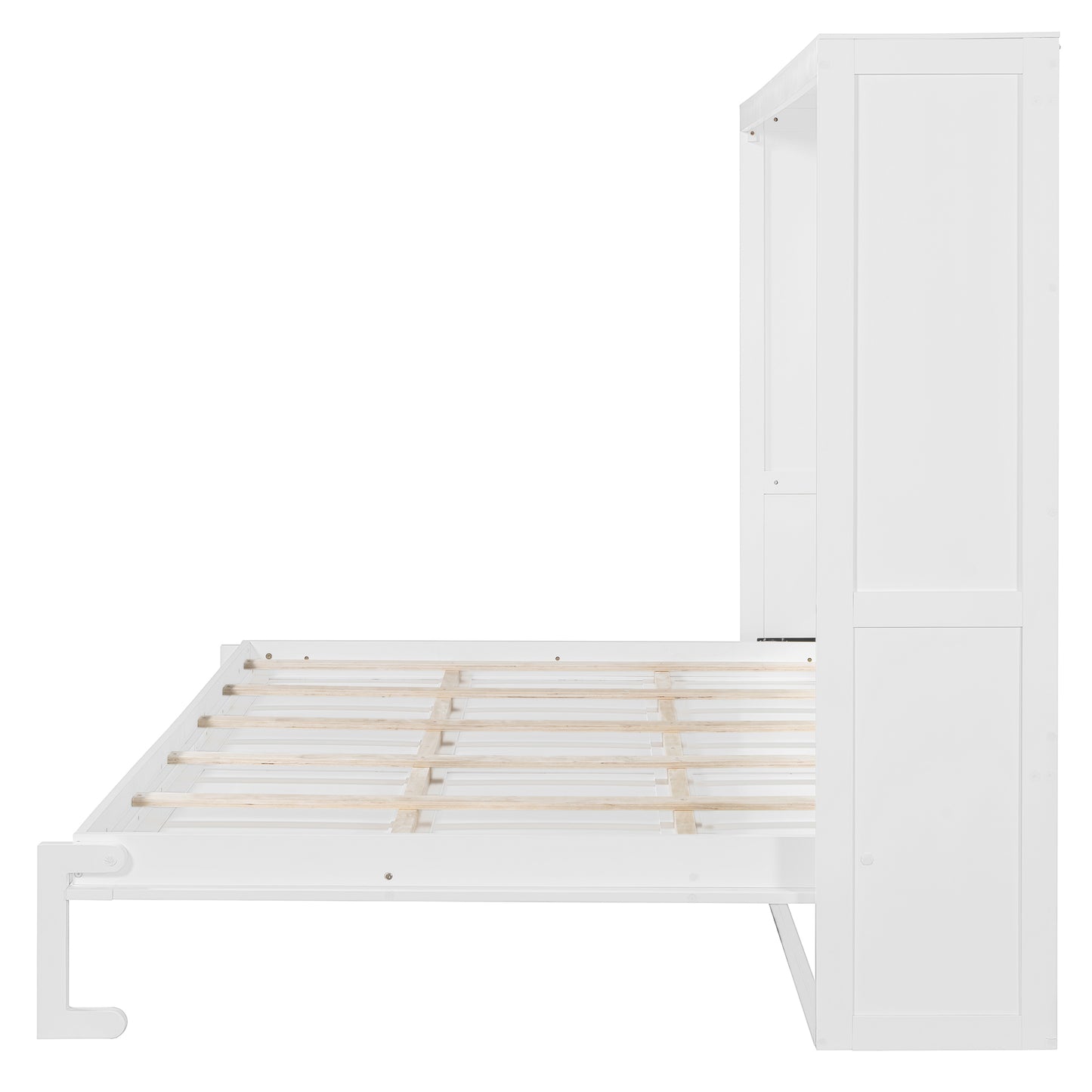 White wooden bed frame with open slats for mattress support