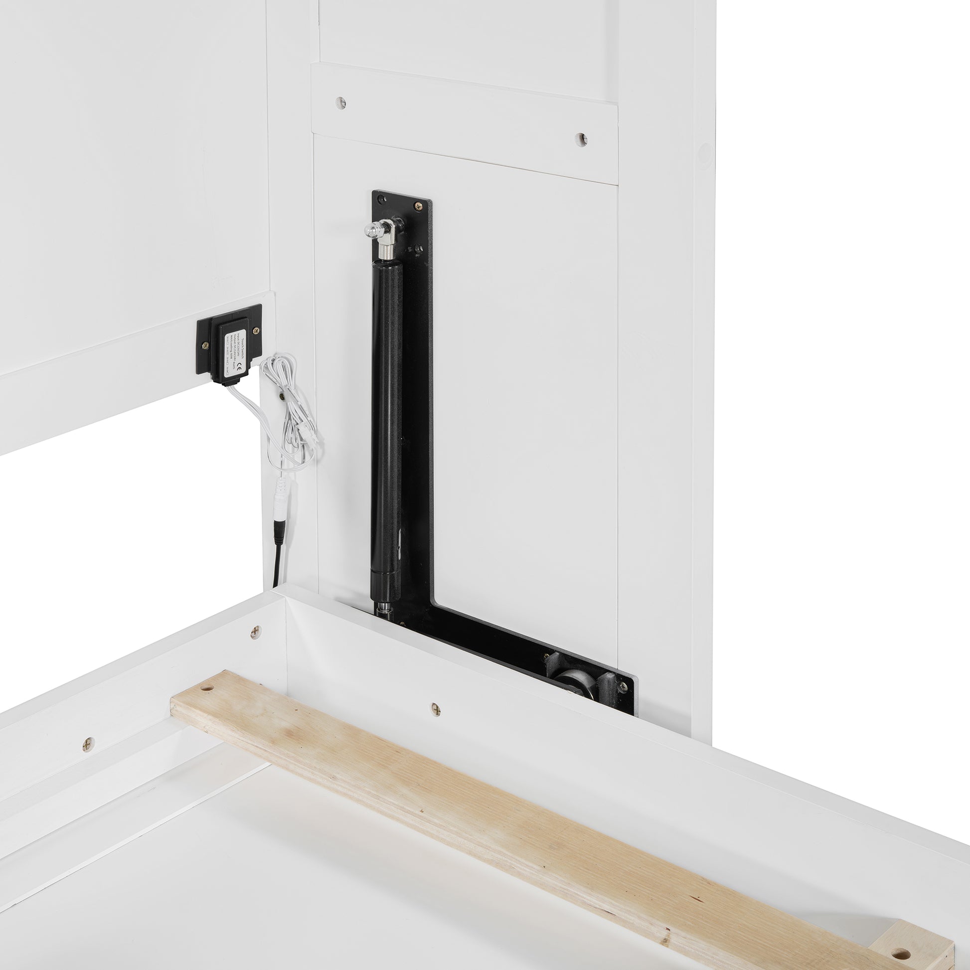 White wooden bed frame with black gas lift mechanism