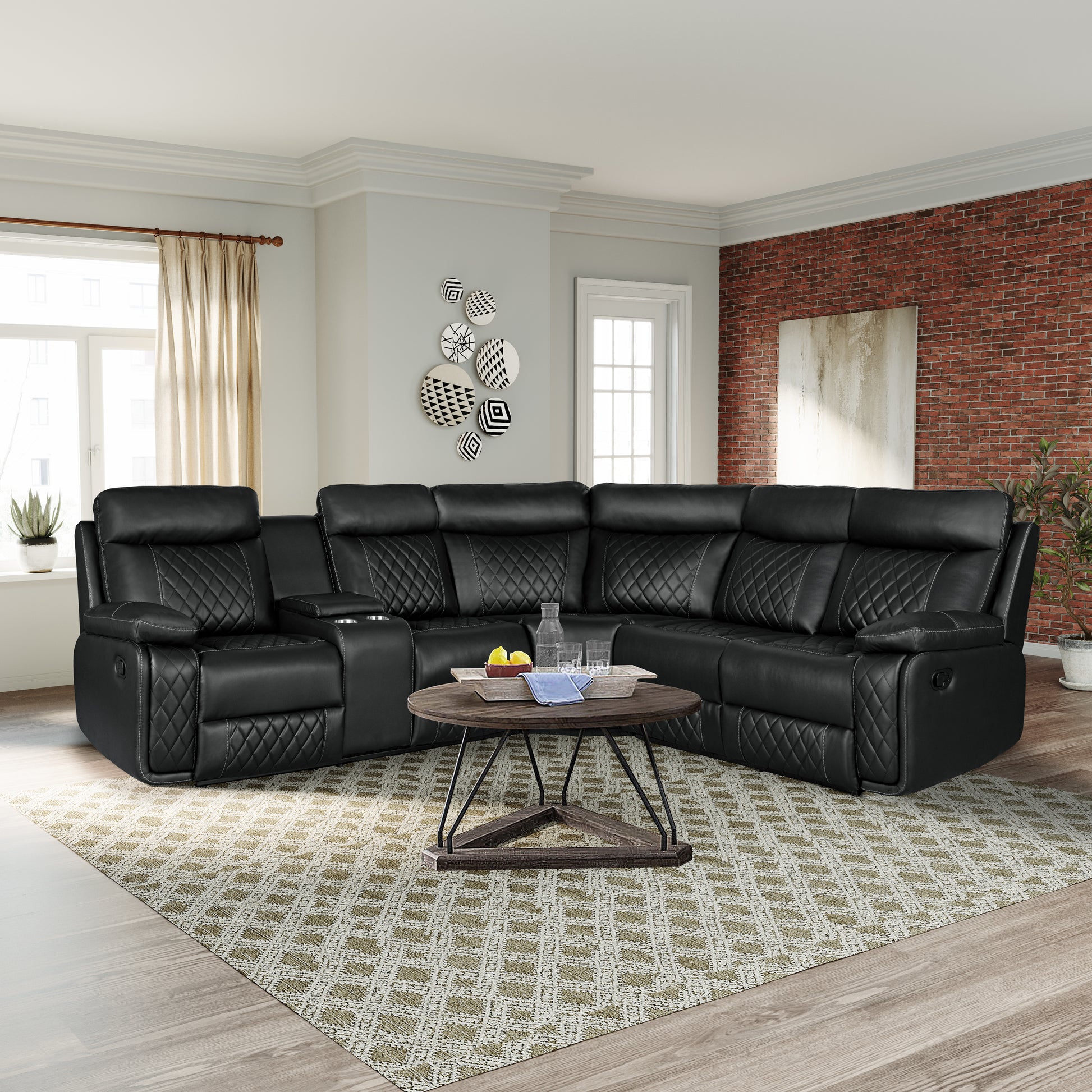 Black leather sectional sofa with diamond stitching and cup holders for home theater