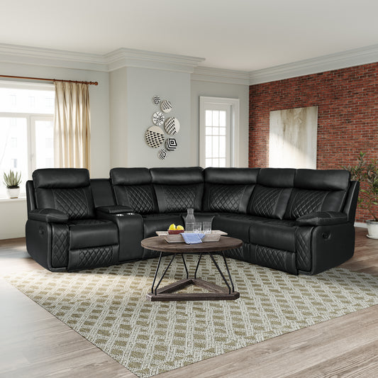 Black leather sectional sofa with diamond stitching and cup holders for home theater