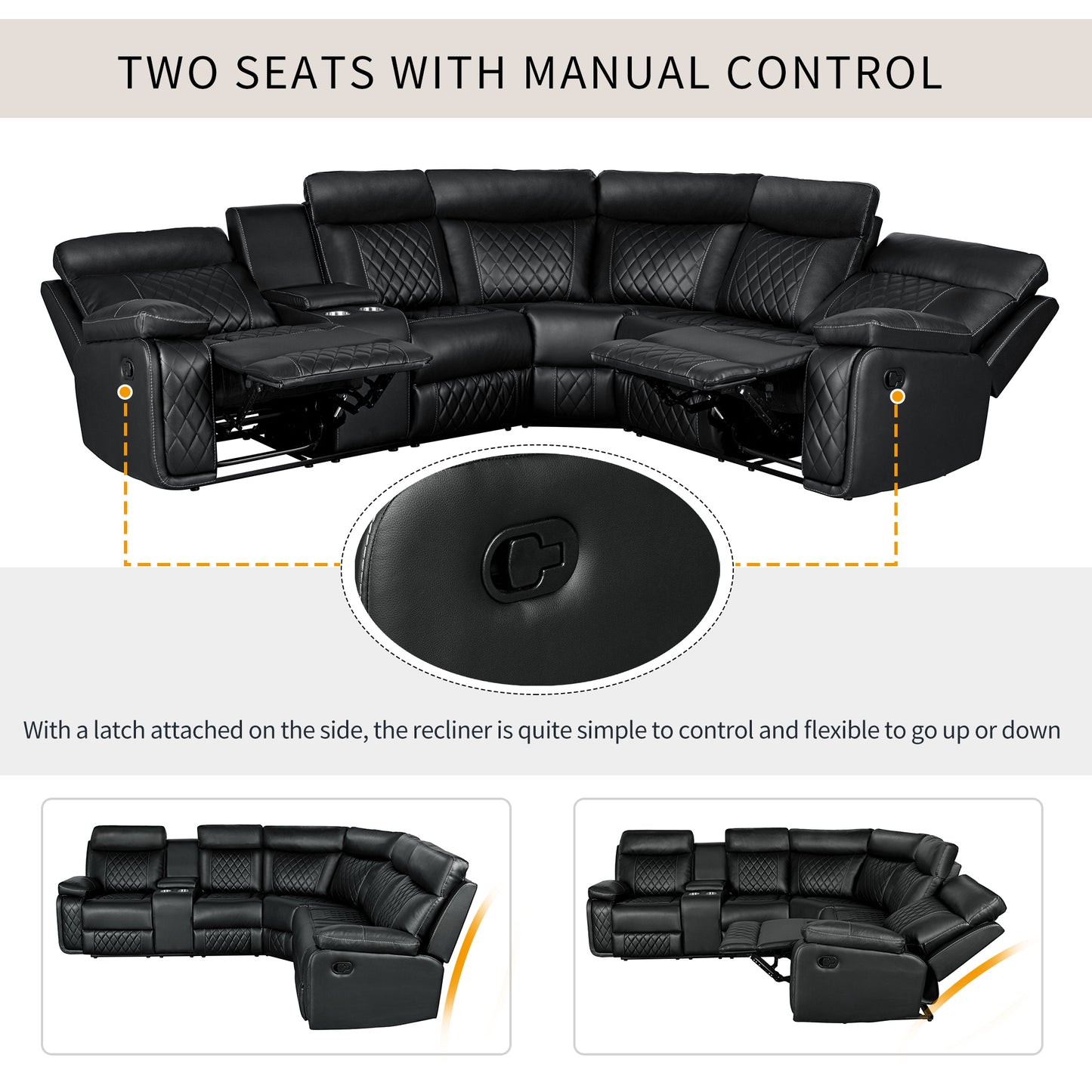 Black leather sectional sofa with manual recliners and diamond stitching