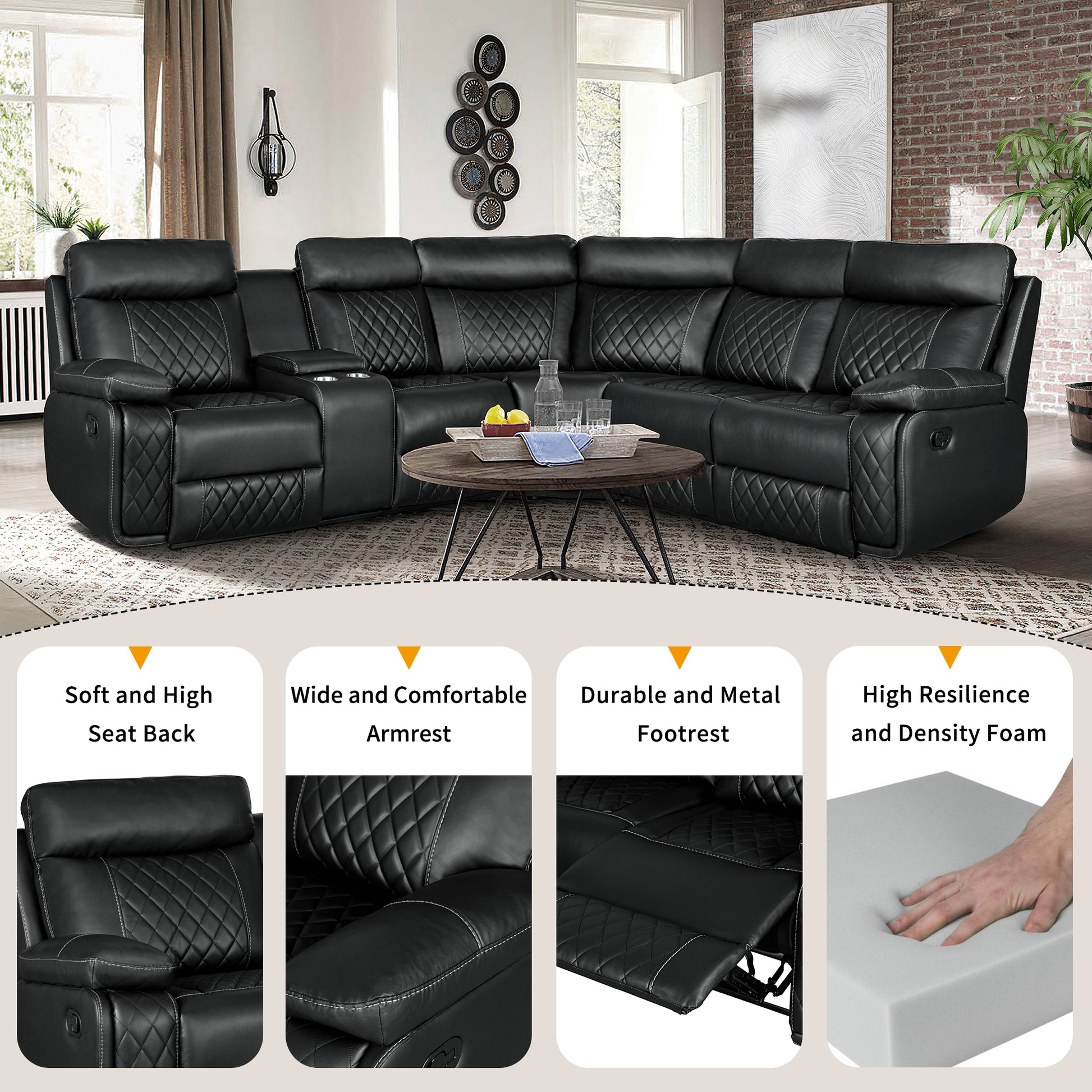 Black leather sectional sofa with diamond stitching and cup holders