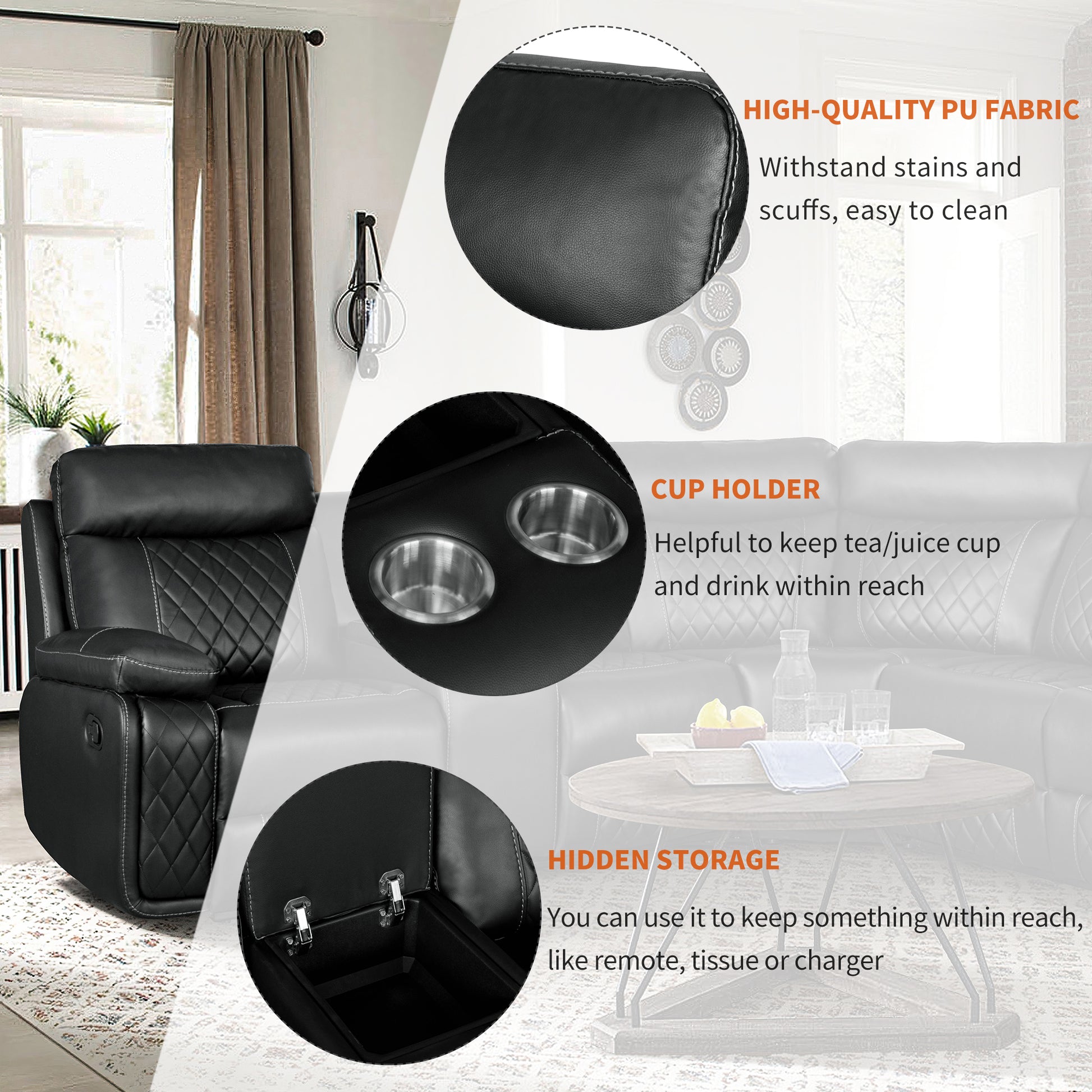 Black PU leather recliner with diamond stitching and white contrast piping