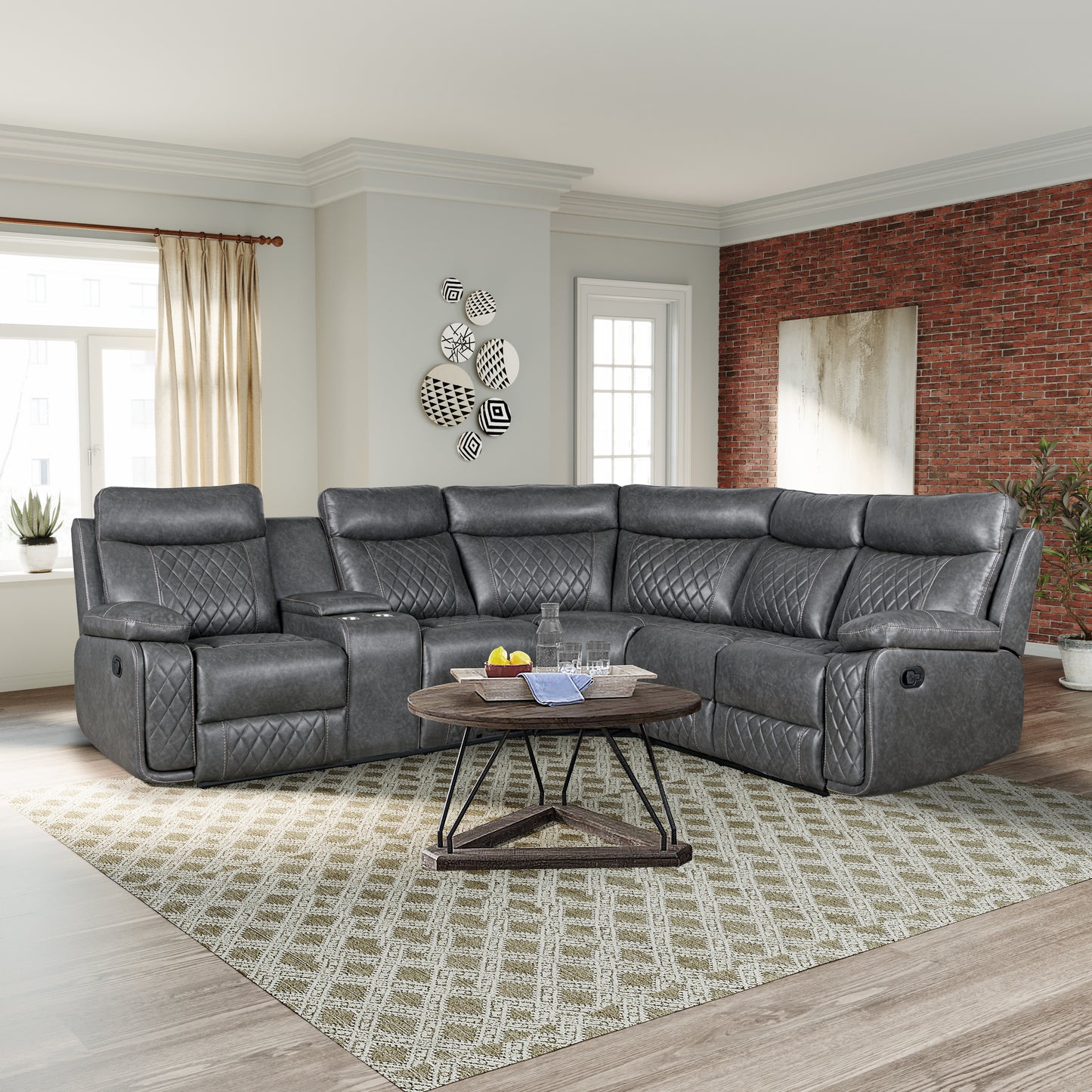 Gray leather sectional sofa with diamond tufting and recliner features