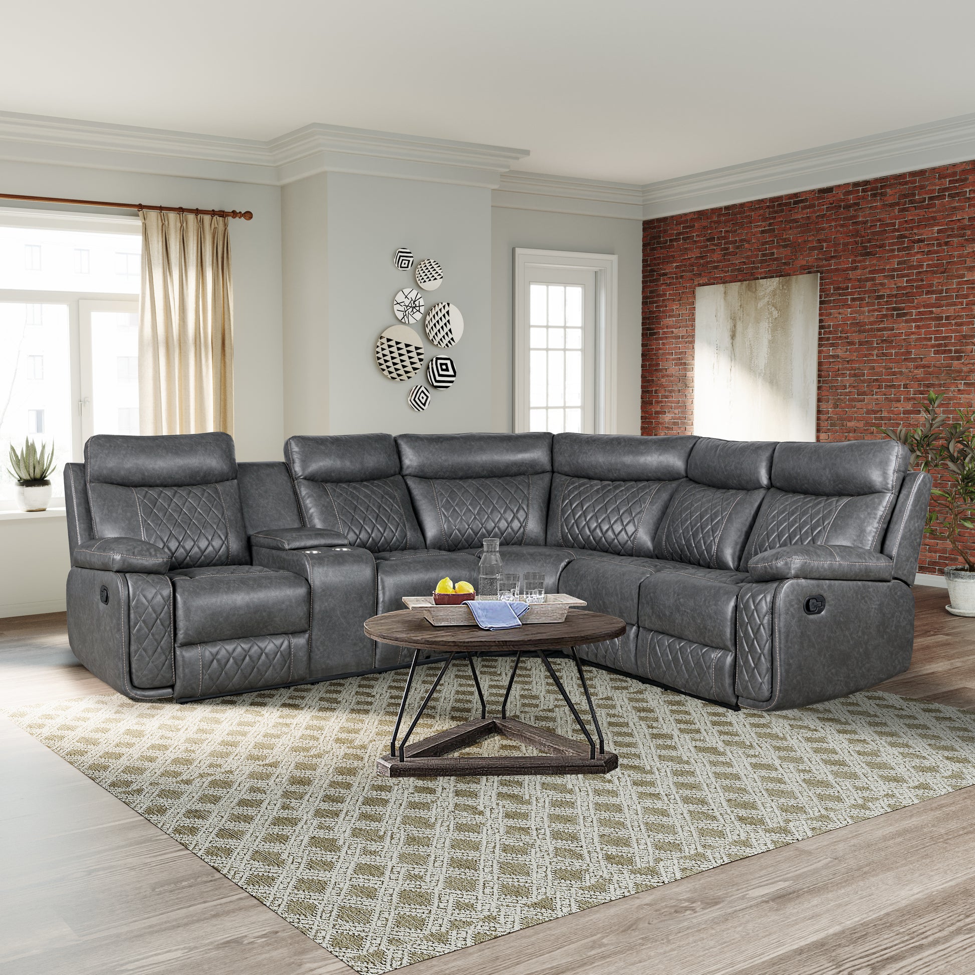 Gray leather sectional sofa with diamond tufting and recliner features