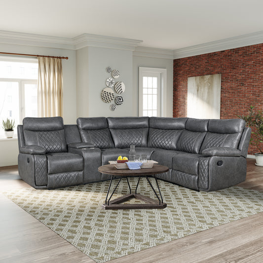 Gray leather sectional sofa with diamond tufting and recliner features