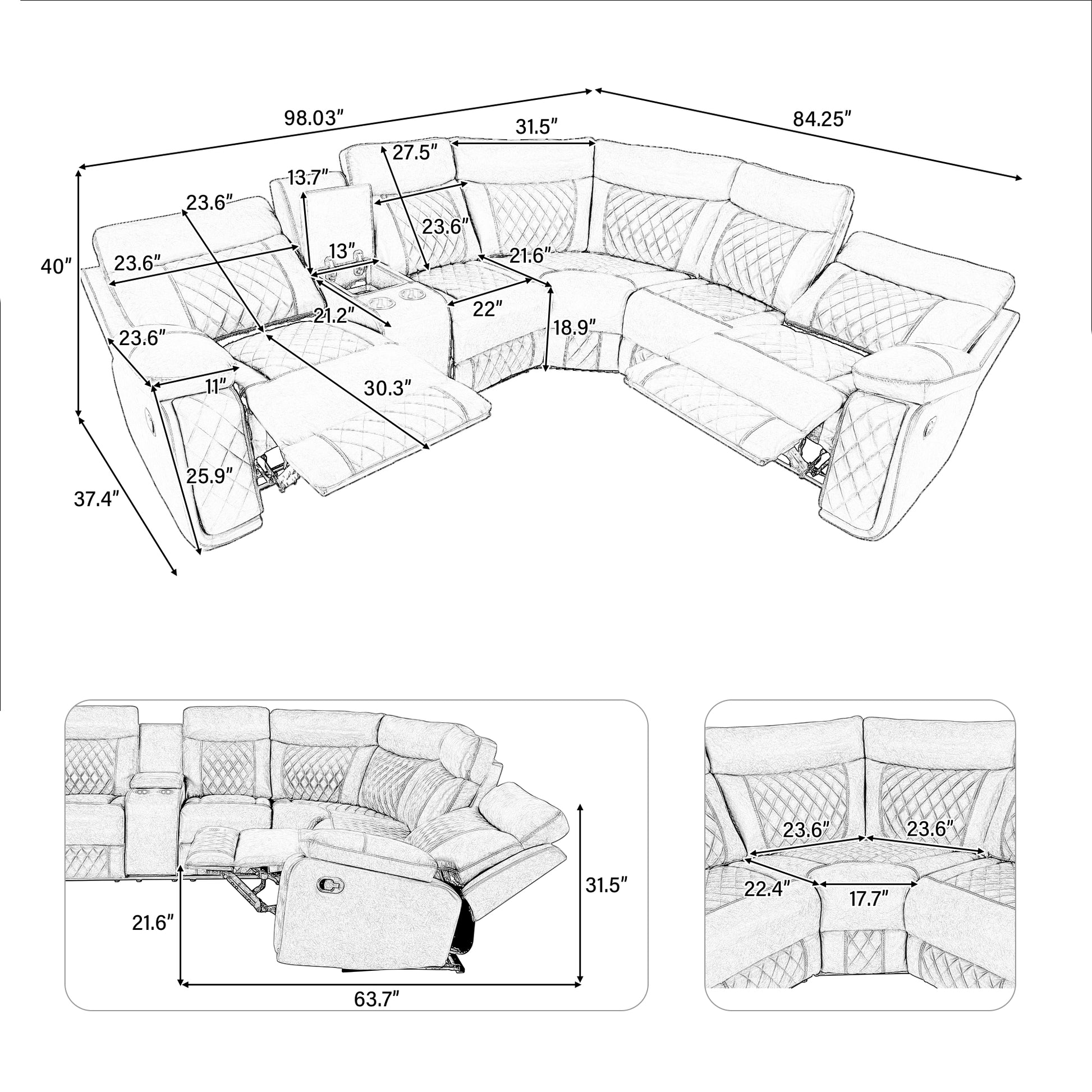 Diagram of a sectional recliner sofa with diamond tufting and cup holders dimensions included