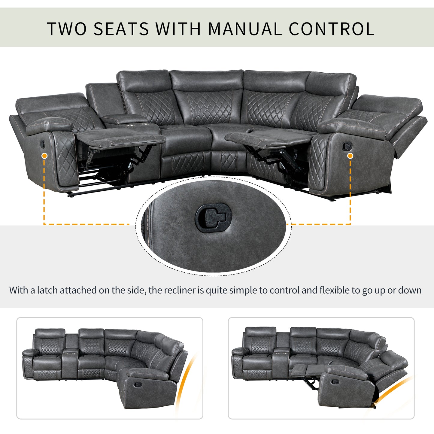Dark grey leather sectional sofa with diamond stitching and reclining seats