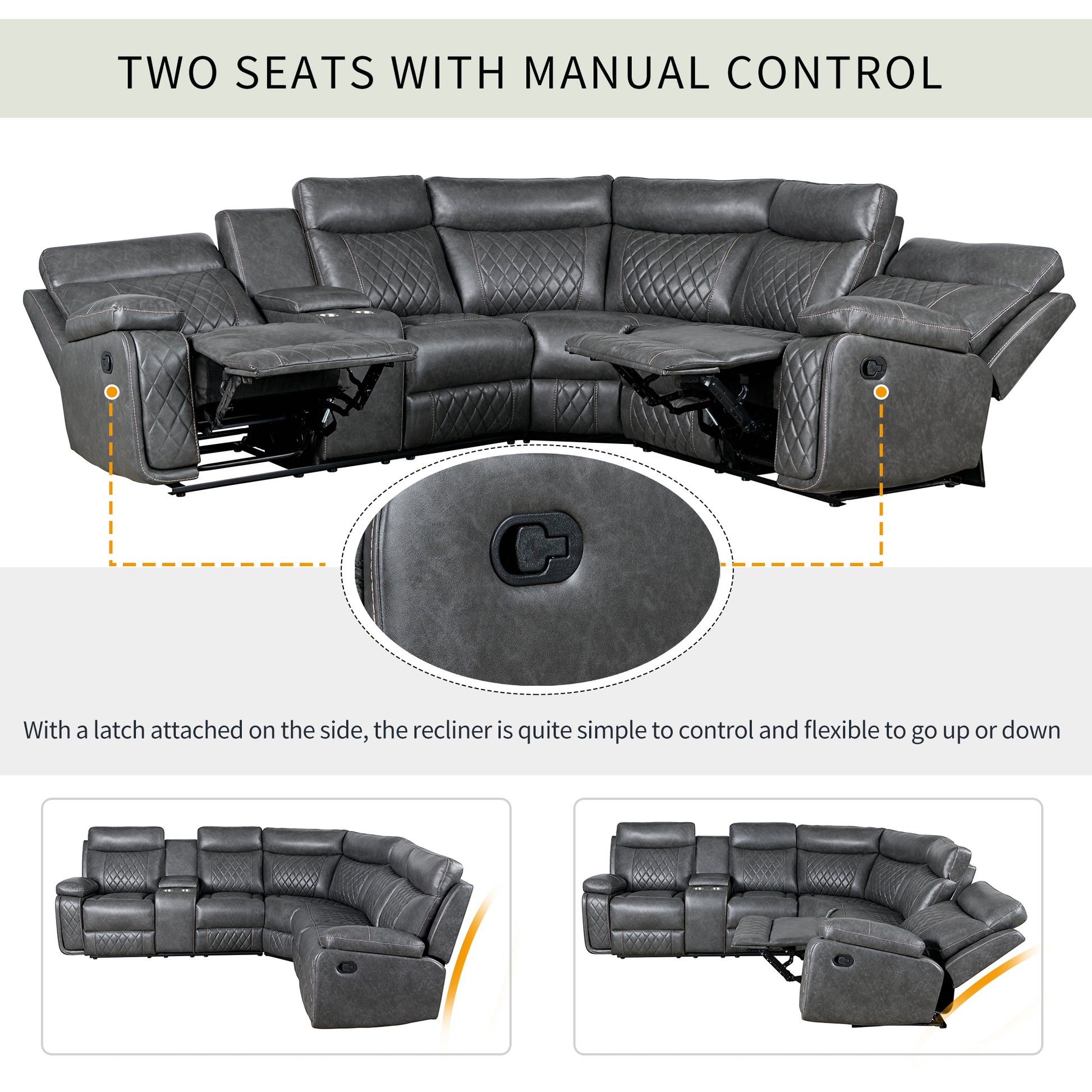 Dark grey leather sectional sofa with diamond stitching and reclining seats