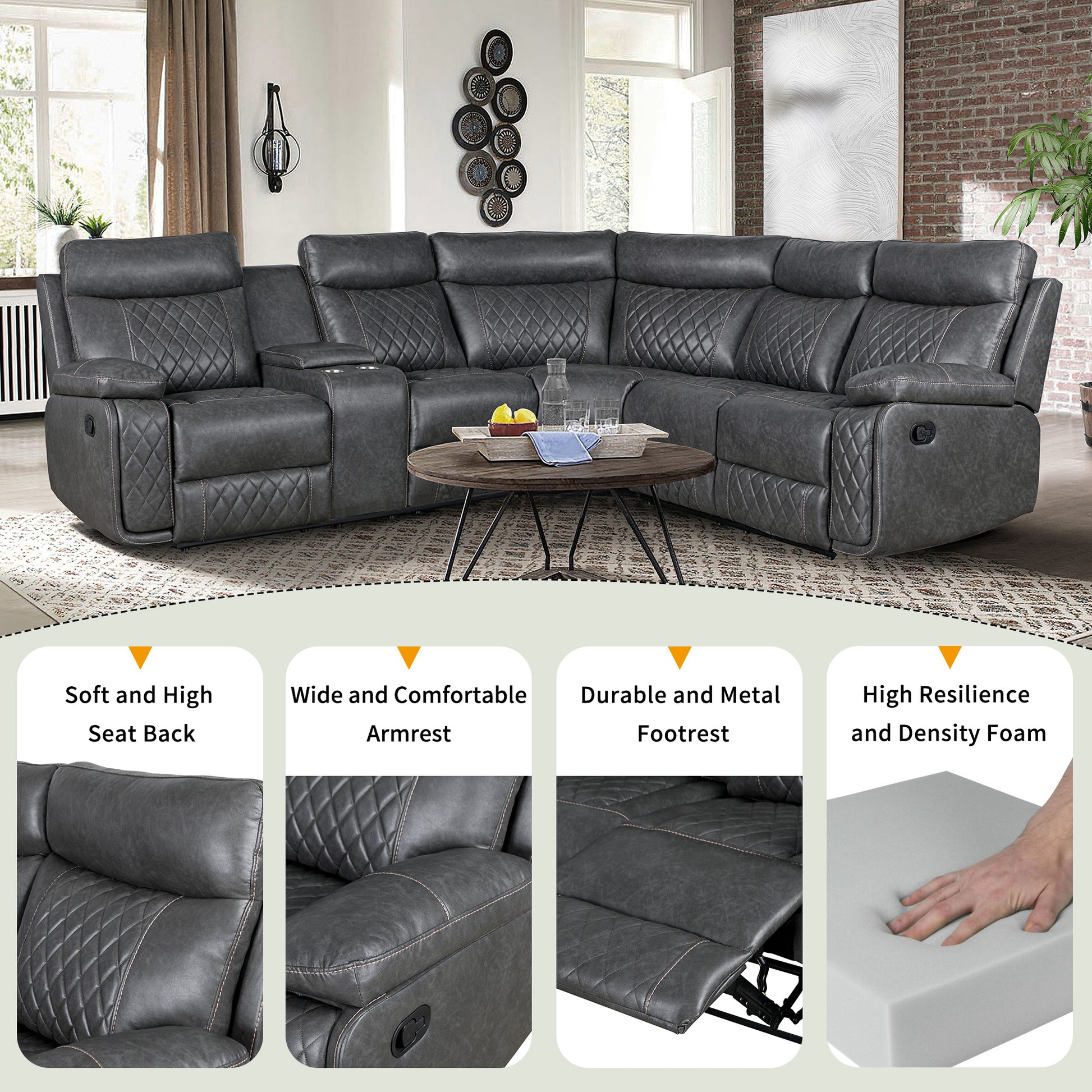 Dark gray reclining sectional sofa with diamond stitching and cup holders