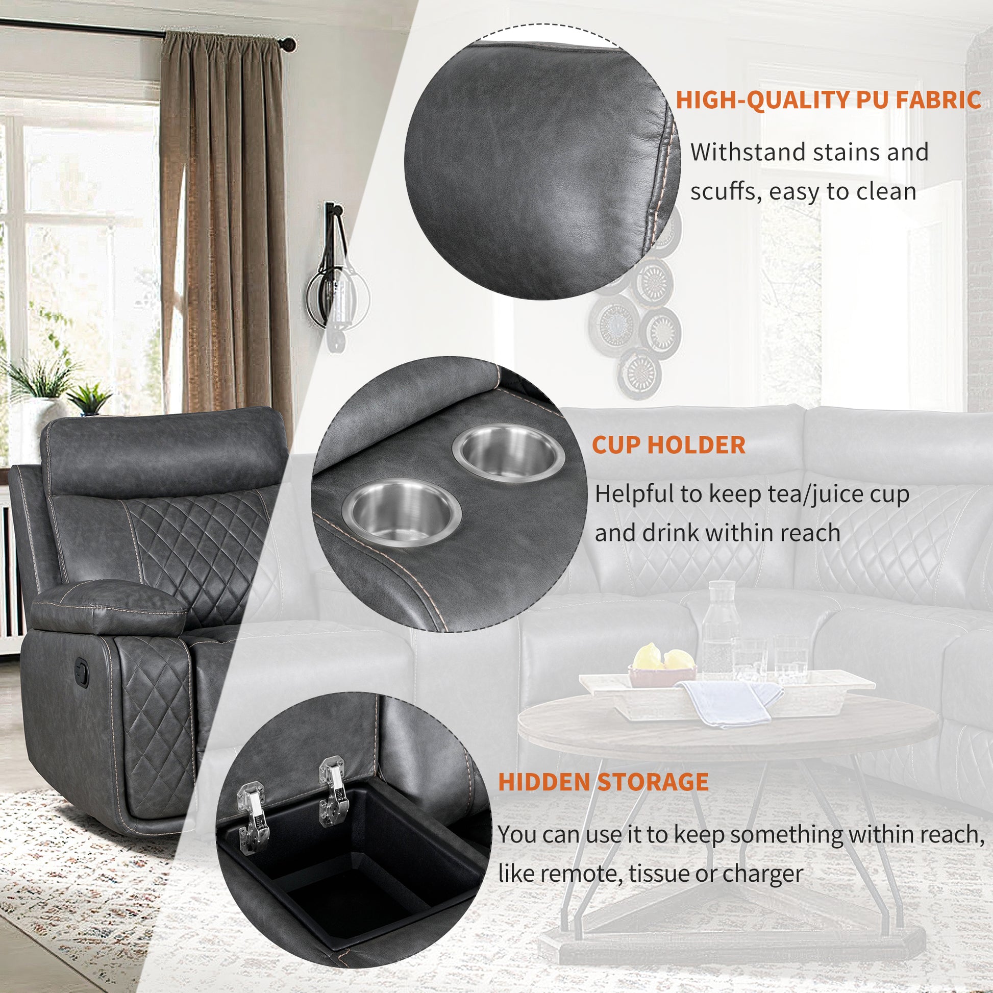 Dark gray recliner sofa with diamondstitched accents and cupholders