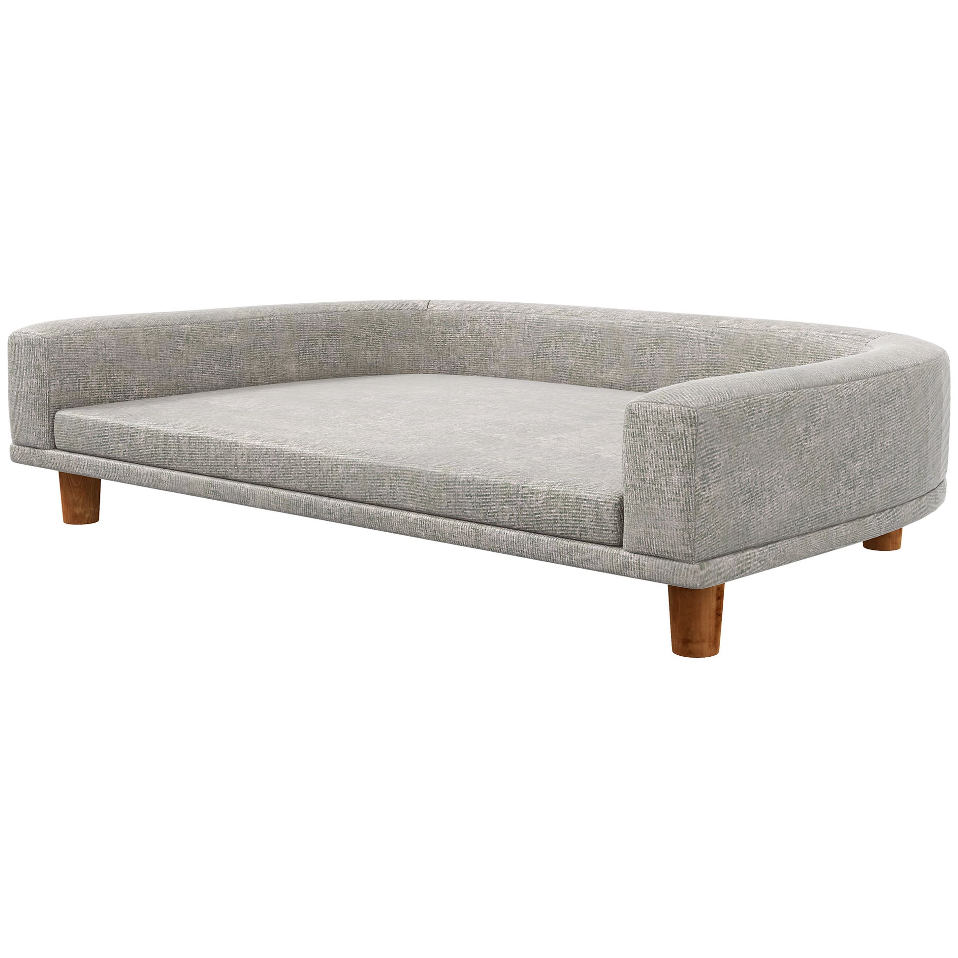 Elegant grey upholstered dog bed with curved bolster and wooden legs