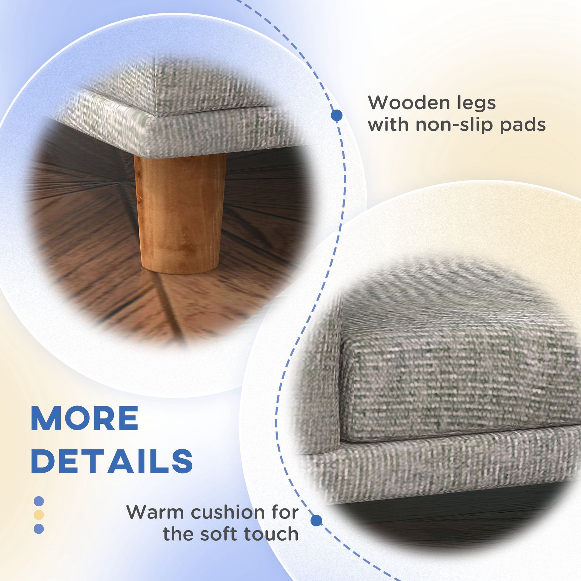 Closeup of plush grey fabric sofa with rounded corner and wooden leg detail