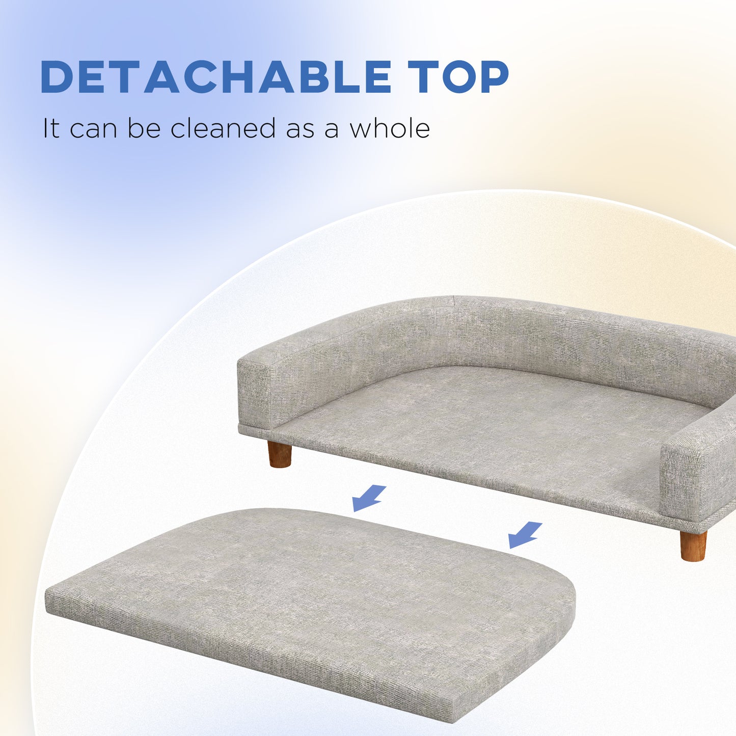 Light gray fabric pet bed with a detachable cushion for easy cleaning