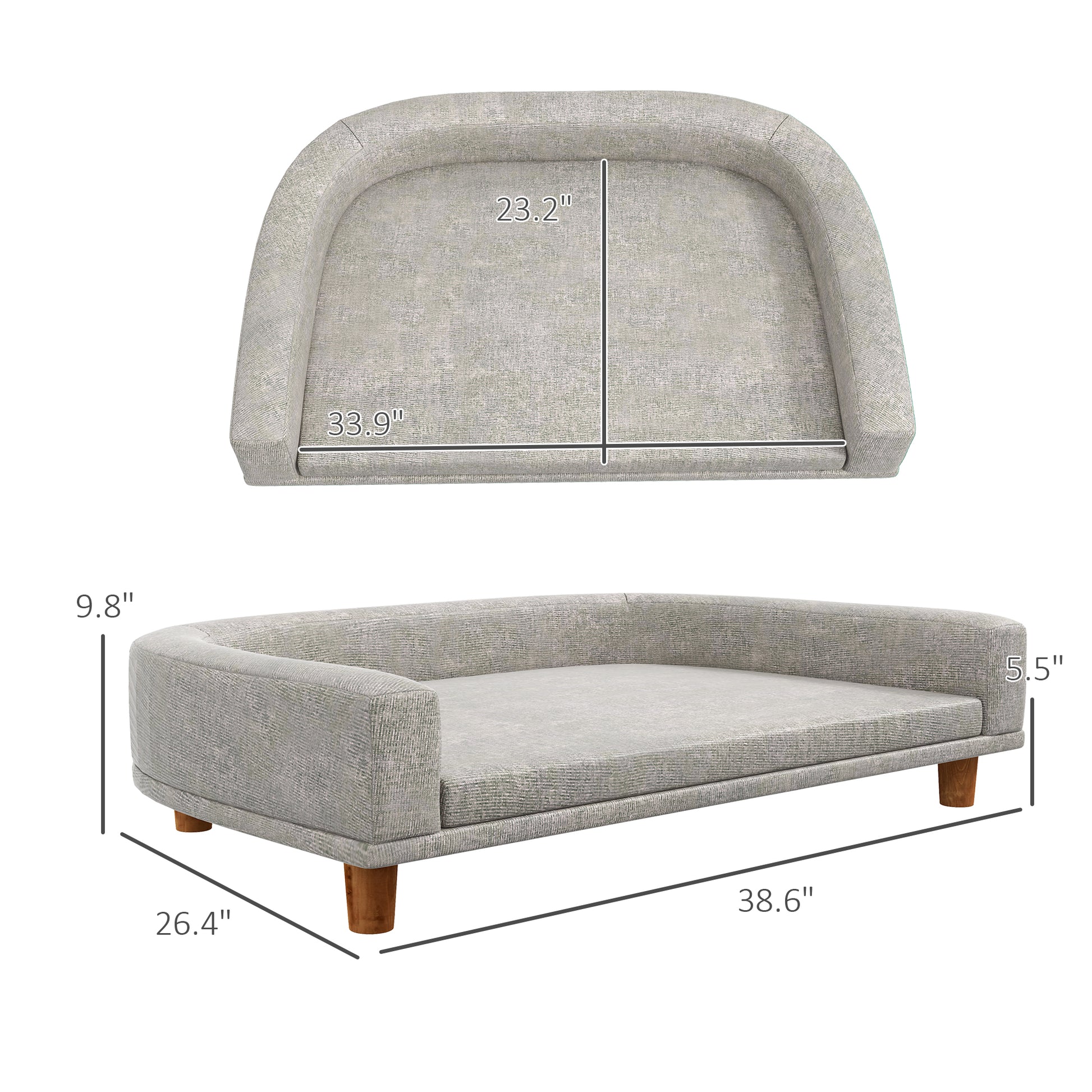 Gray upholstered dog sofa with raised sides and wooden legs  L