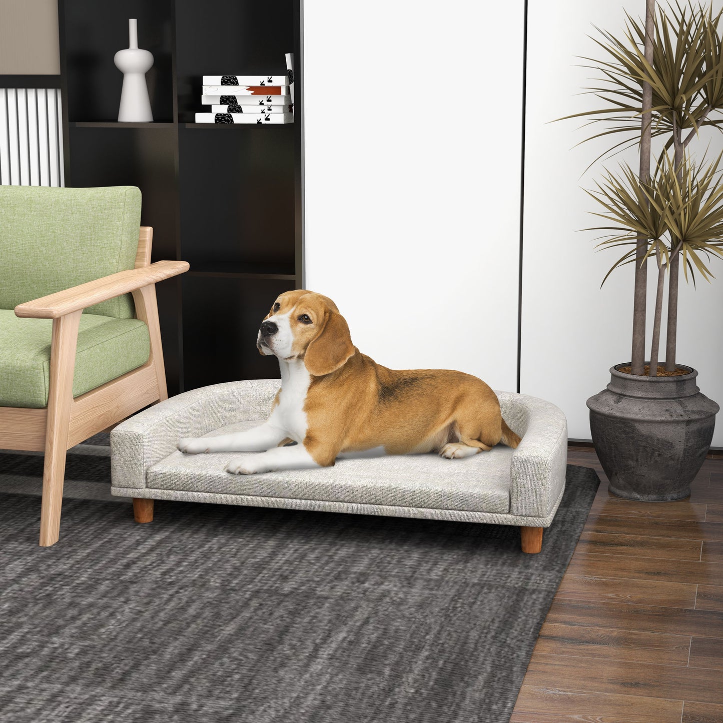 Beagle dog resting on a plush light gray pet bed with wooden legs