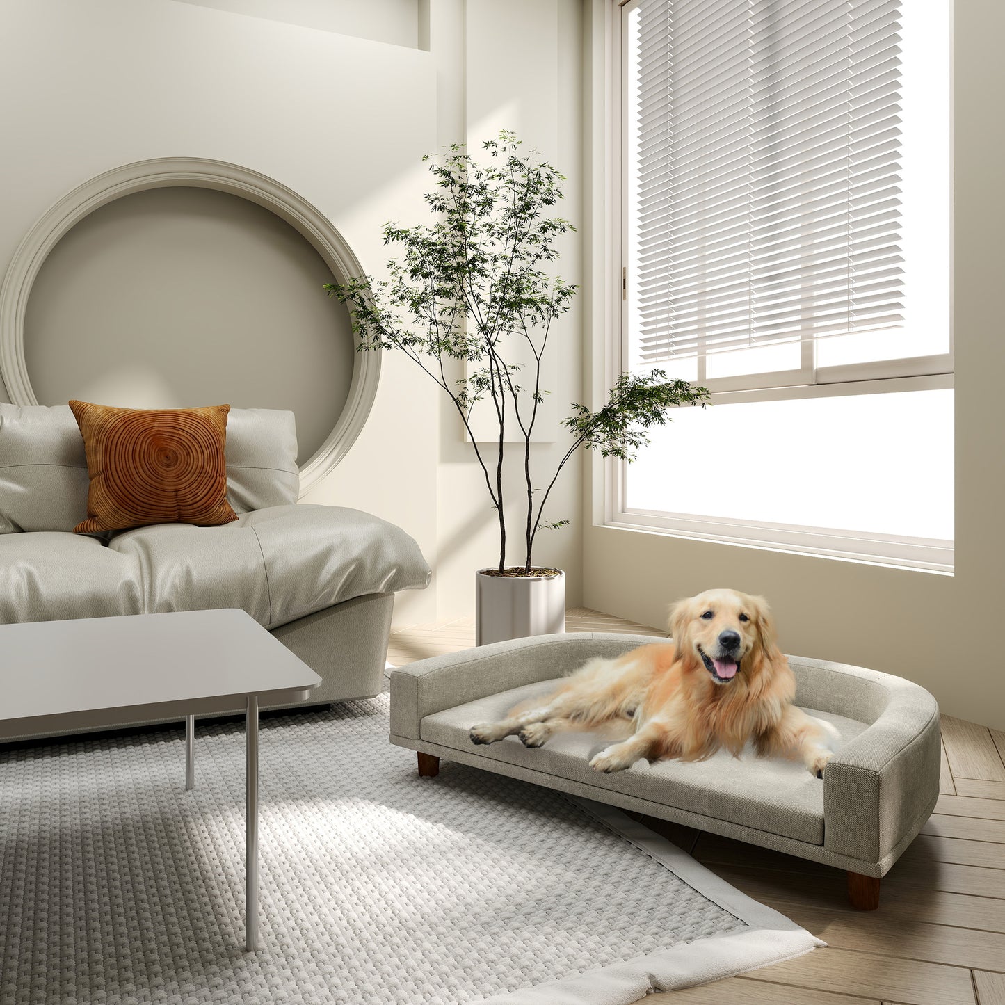 Golden retriever dog relaxing on a plush orthopedic dog bed in a modern living room