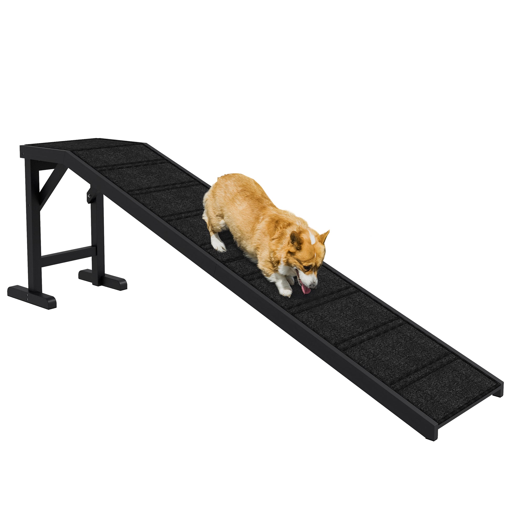 Black adjustable dog ramp with textured surface for traction