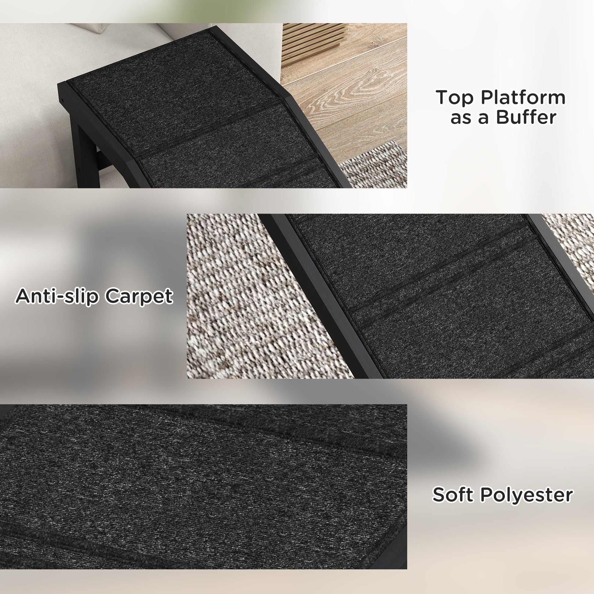 Black pet ramp with textured carpet top platform for traction