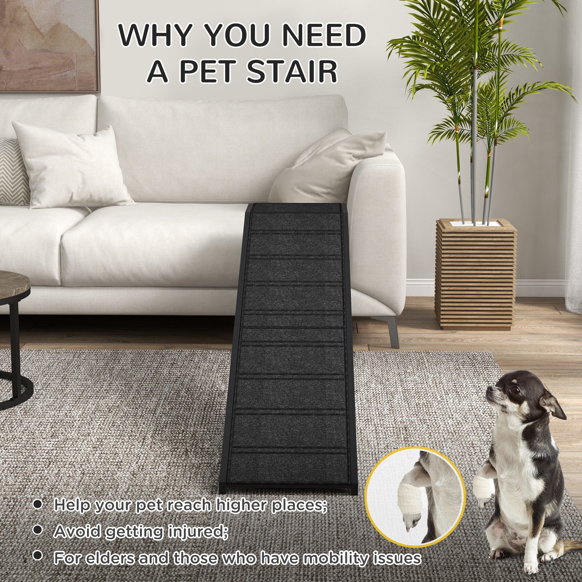 Black fourtier pet stair with carpeted treads for dogs needing easy access to furniture