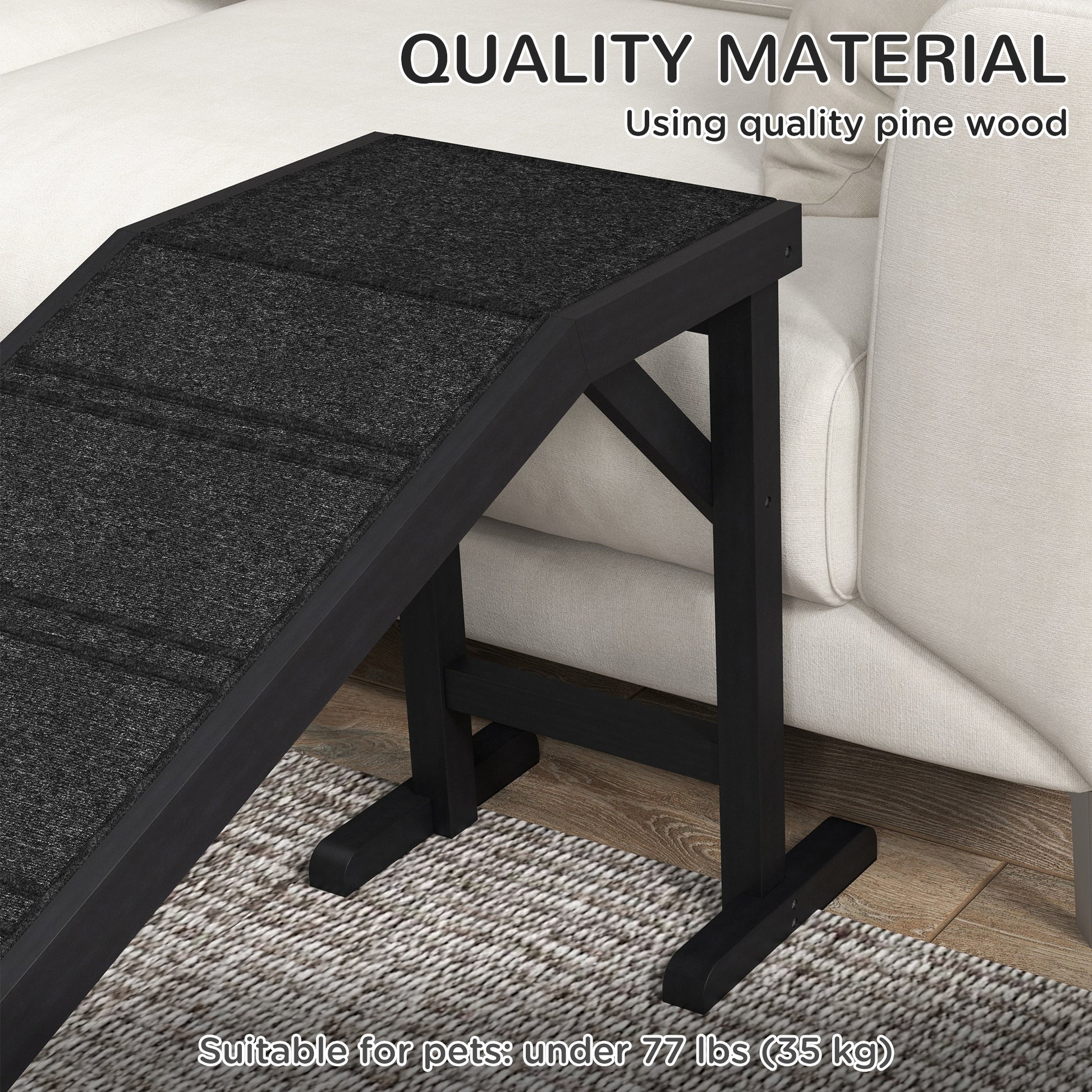 Black wooden pet ramp with carpeted incline ideal for small dogs