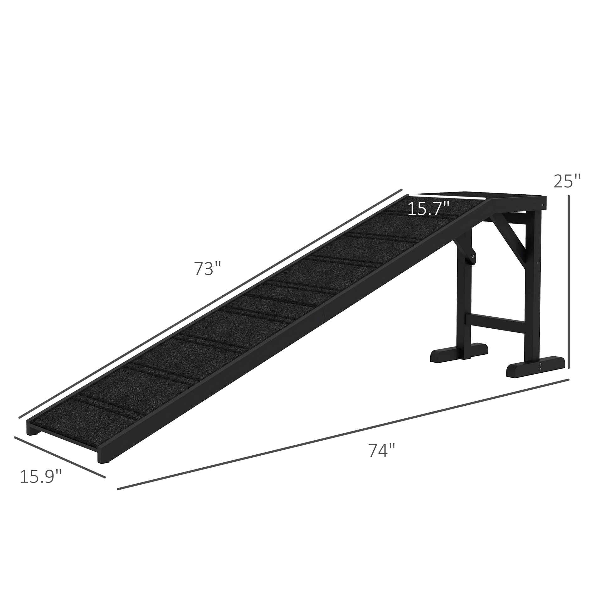 Black adjustable dog ramp with textured surface for traction  inches long