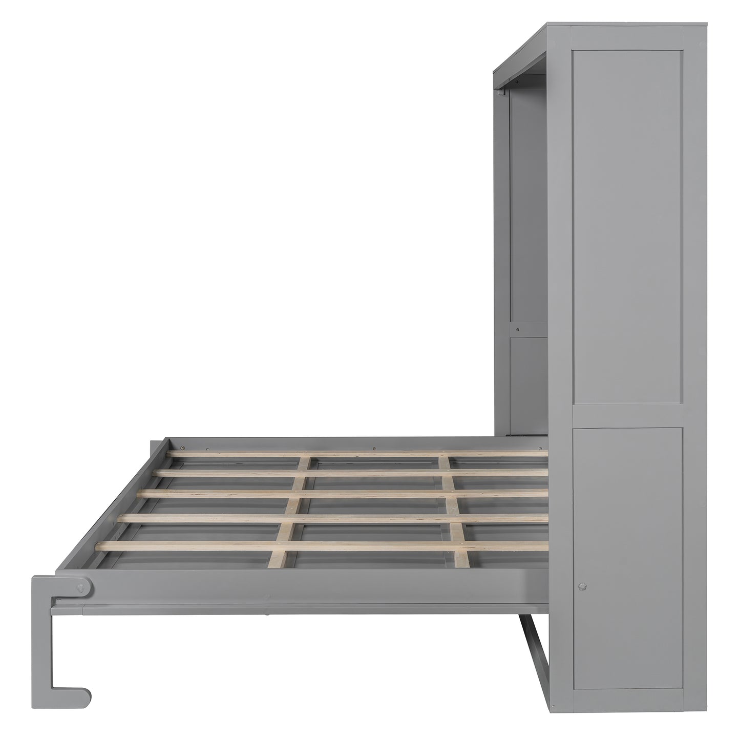 Gray twin daybed frame with wooden slats and a pullout trundle for guests