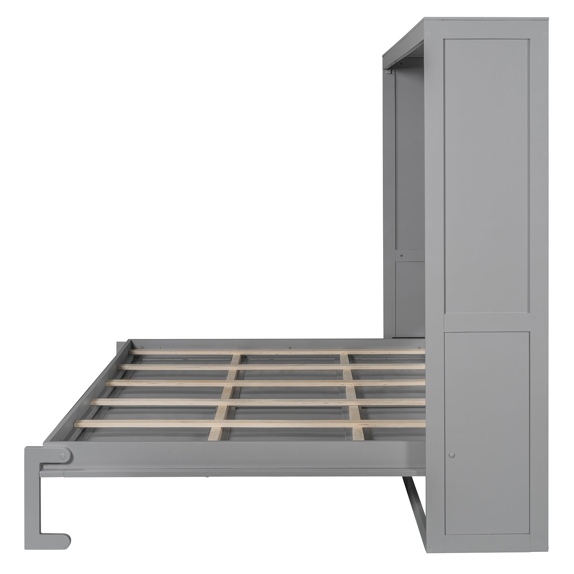 Gray twin daybed frame with wooden slats and a pullout trundle for guests