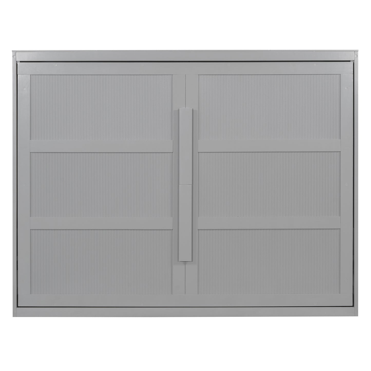 Gray double door cabinet with ribbed panels and central handle