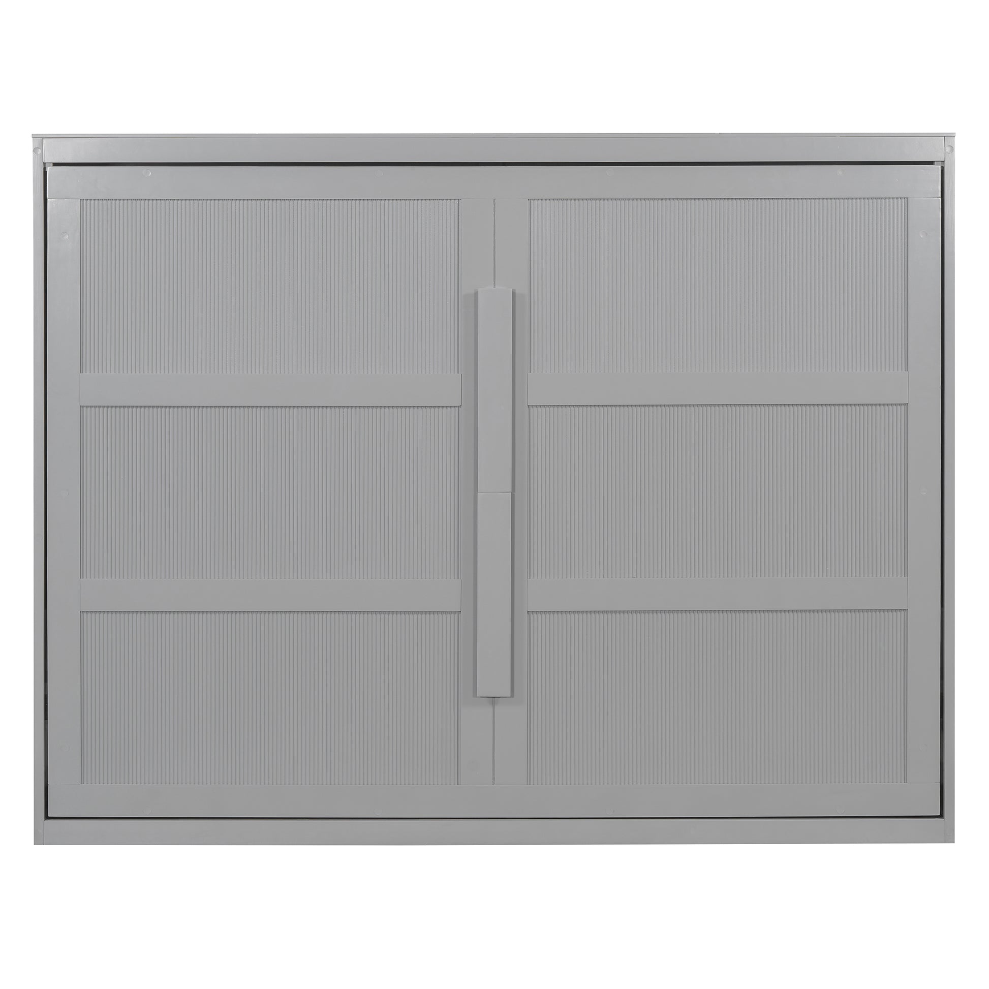Gray double door cabinet with ribbed panels and central handle