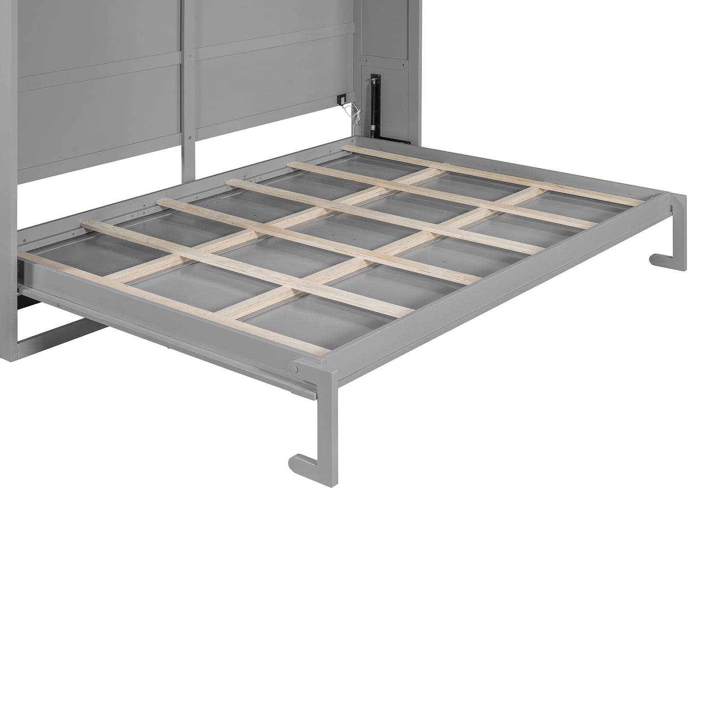 Gray Murphy bed frame with open slat mattress support