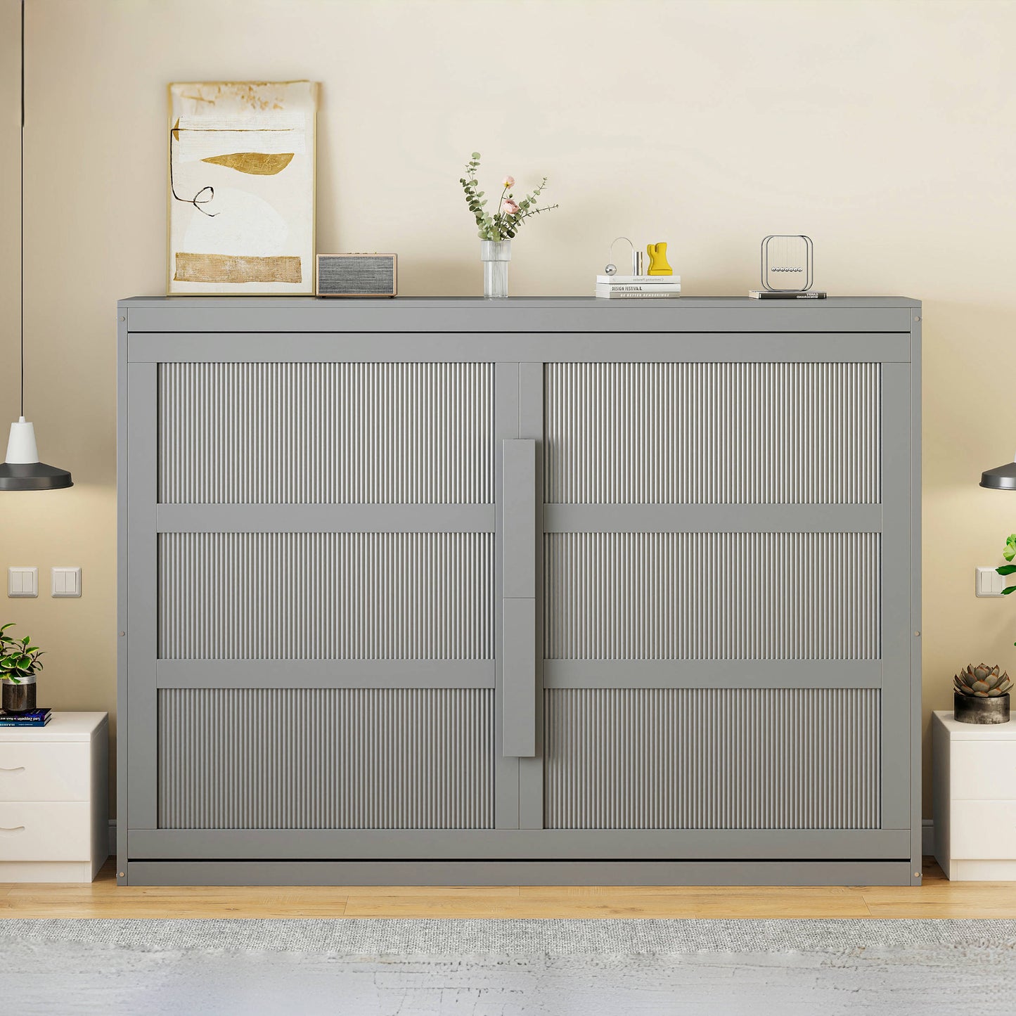 Gray murphy bed with fluted panel doors and silver handle