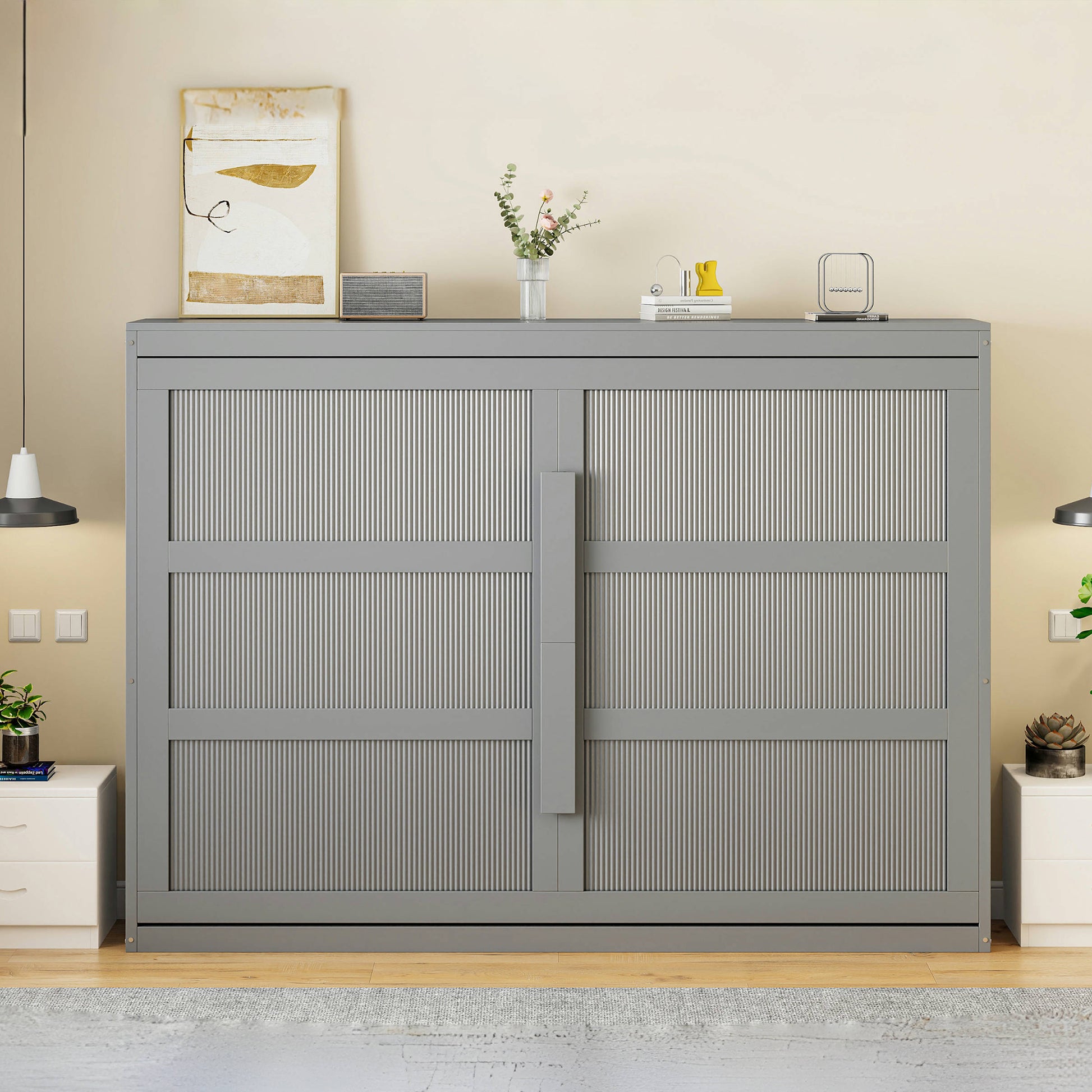 Gray murphy bed with fluted panel doors and silver handle