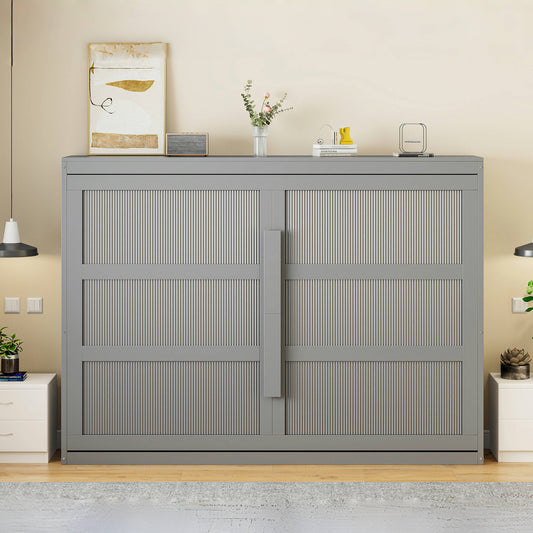 Gray murphy bed with fluted panel doors and silver handle