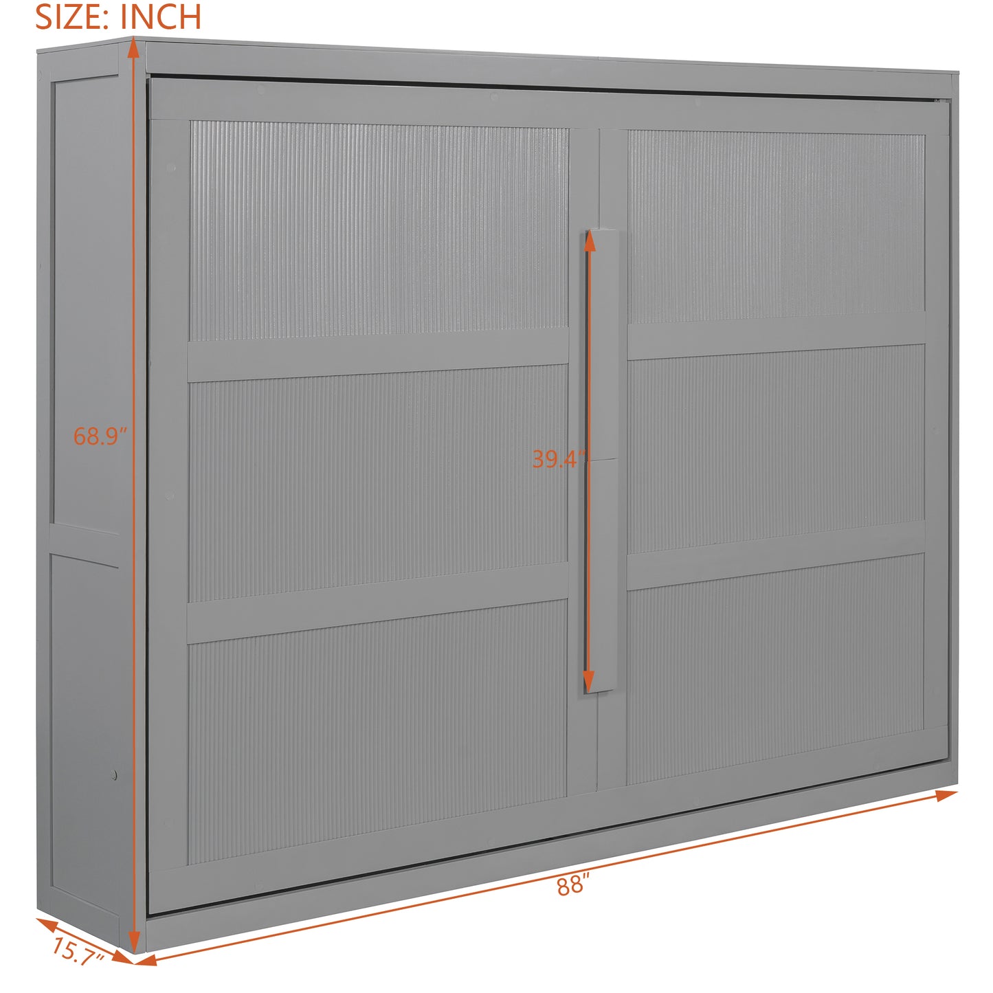Closed grey murphy bed with paneled doors and ribbed texture  inches wide