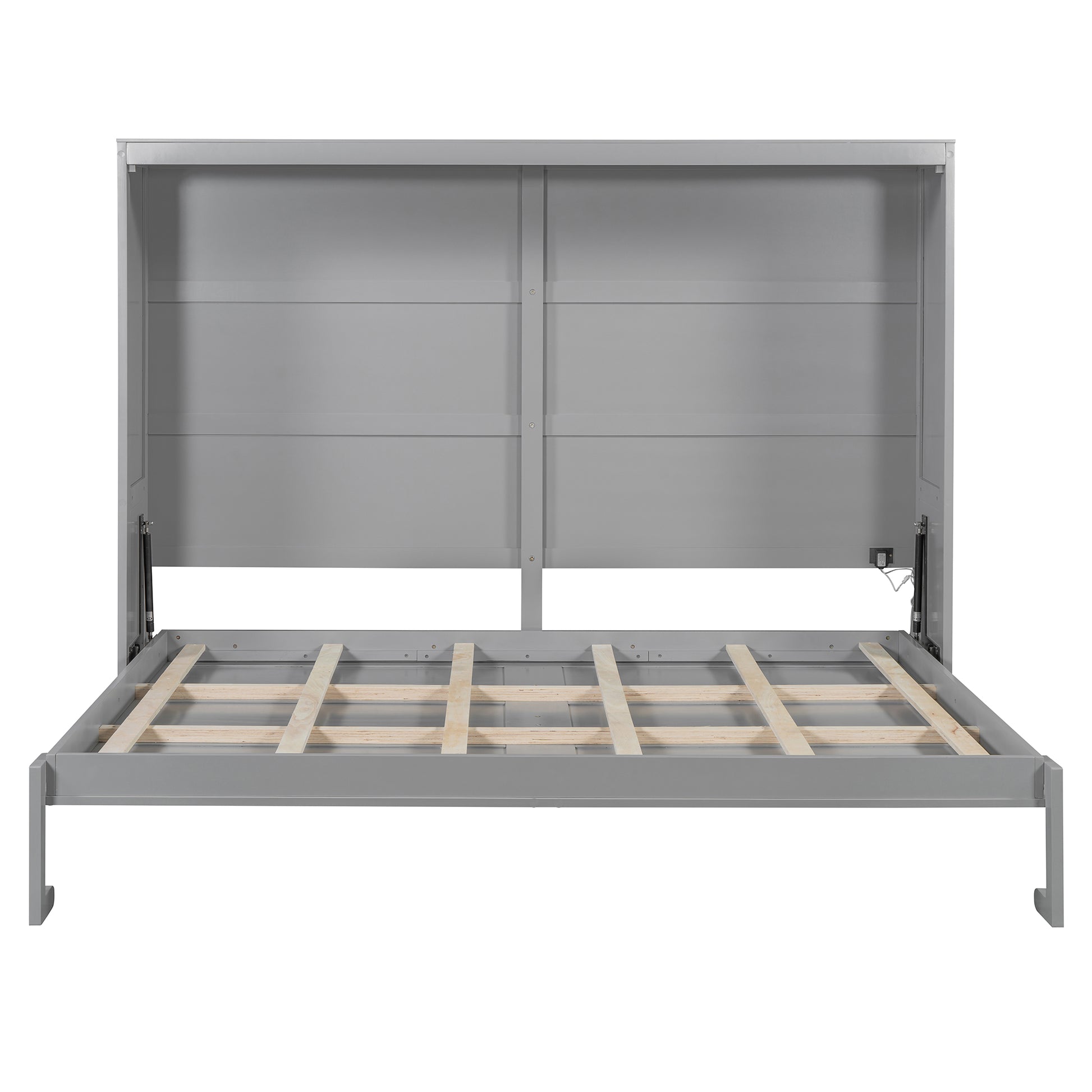 Grey modern platform bed frame with integrated headboard and gas lifts for storage