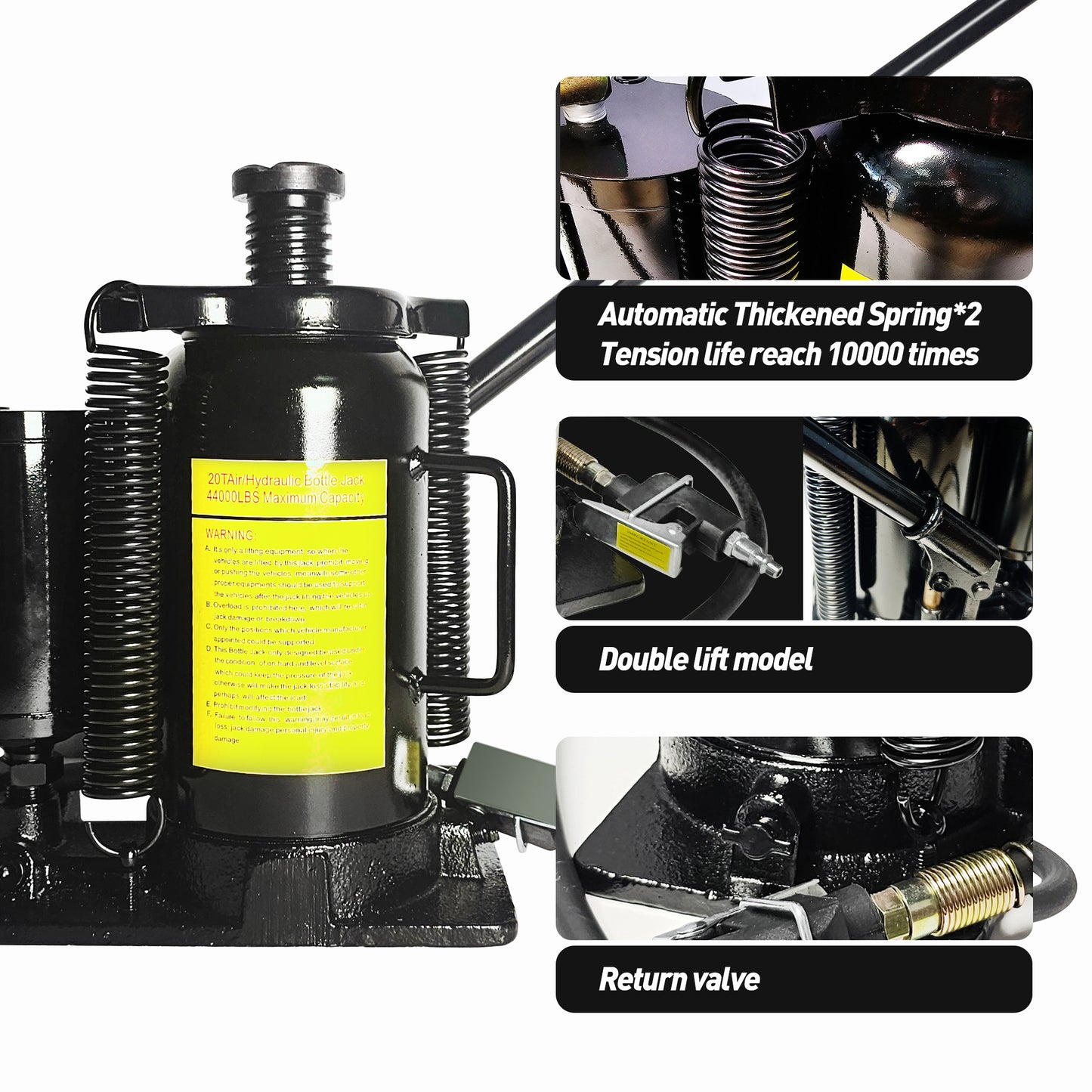 Heavyduty black bottle jack with reinforced springs and handle for easy operation