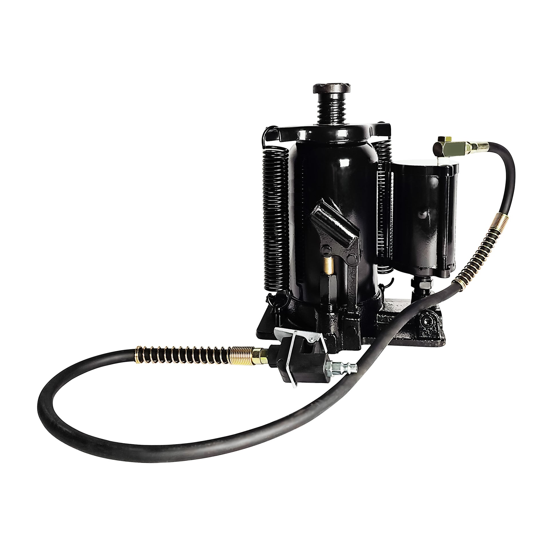 Black hydraulic bottle jack with air assist line and spring return