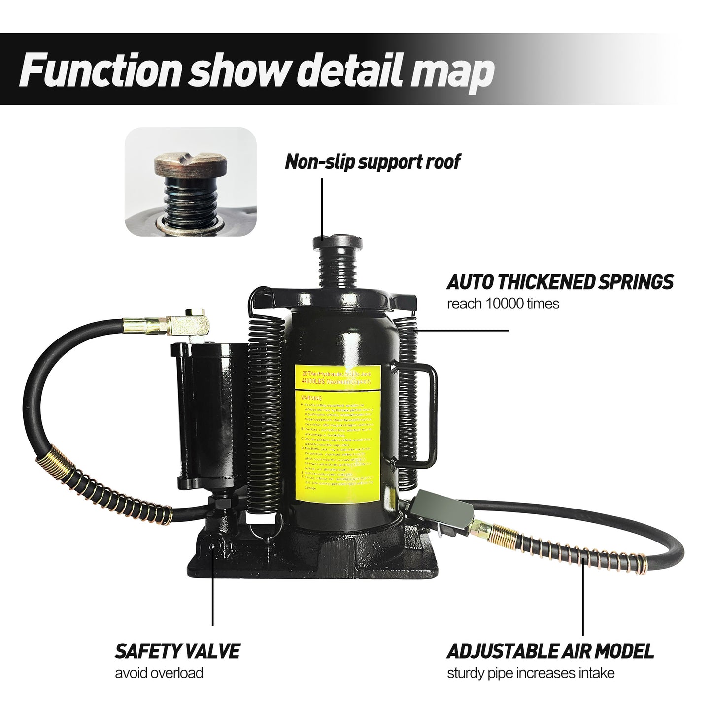 Black hydraulic bottle jack with nonslip support roof and safety valve