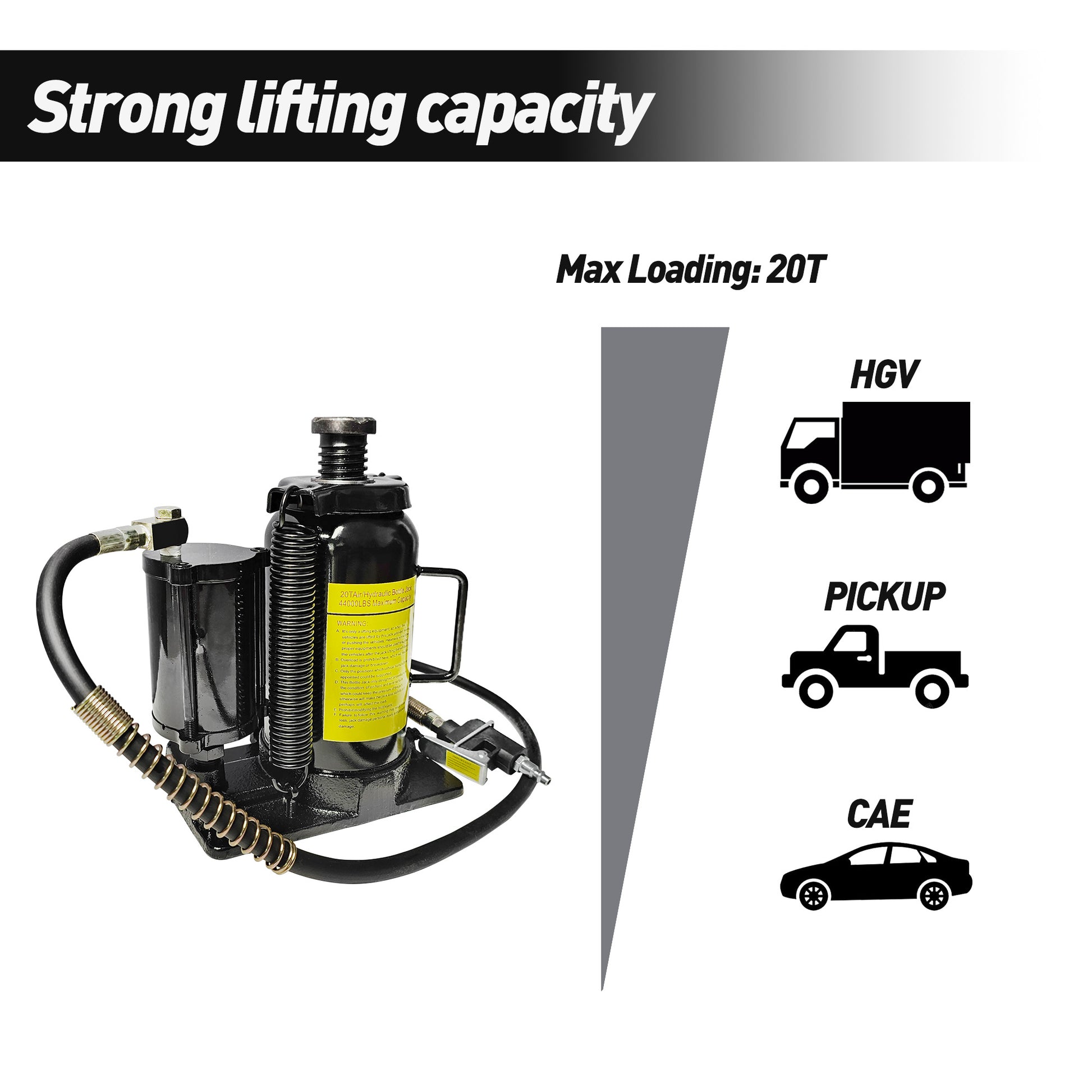 Heavyduty ton hydraulic bottle jack with airpowered lift for HGVs pickups and cars