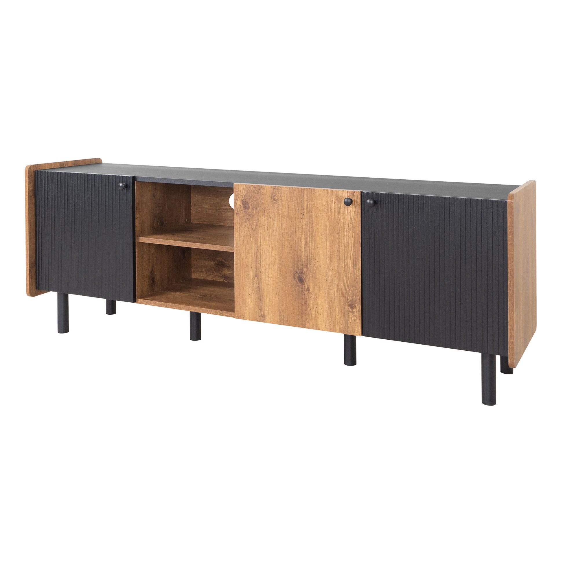 Modern black and wood TV stand with ribbed doors and tapered legs