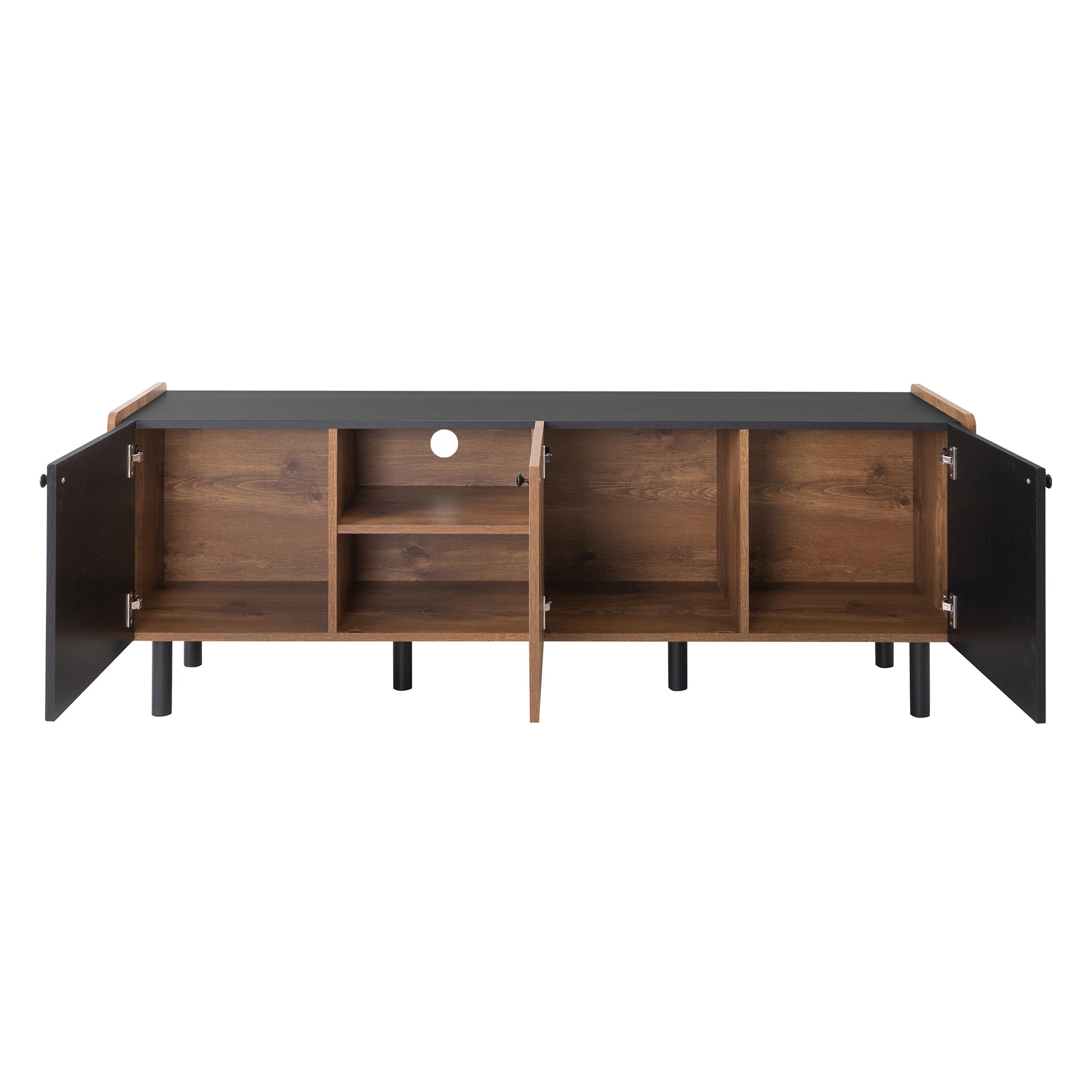 Black and wood media console with open doors and shelves midcentury modern design