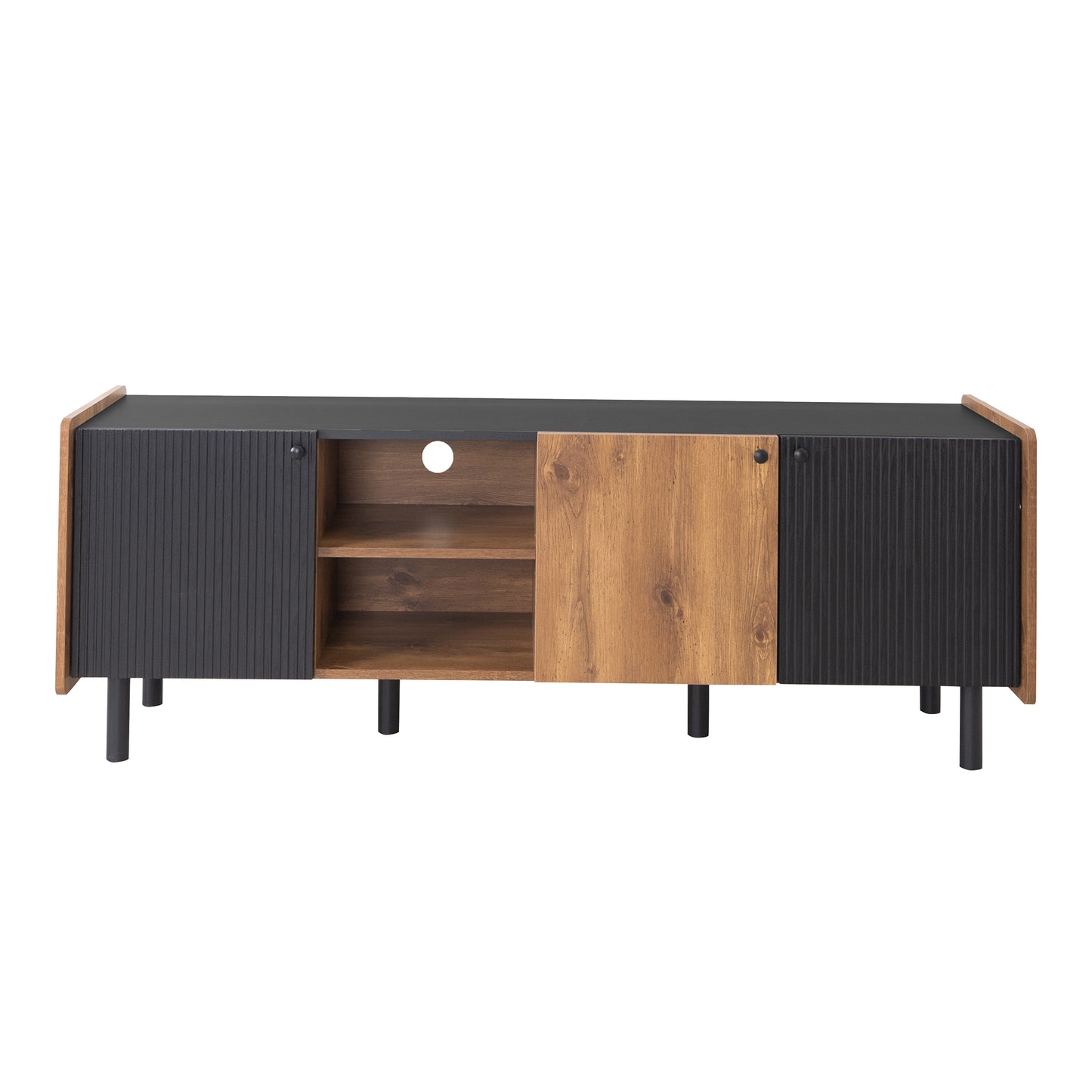 Black fluted door media console with wood accents and open shelves